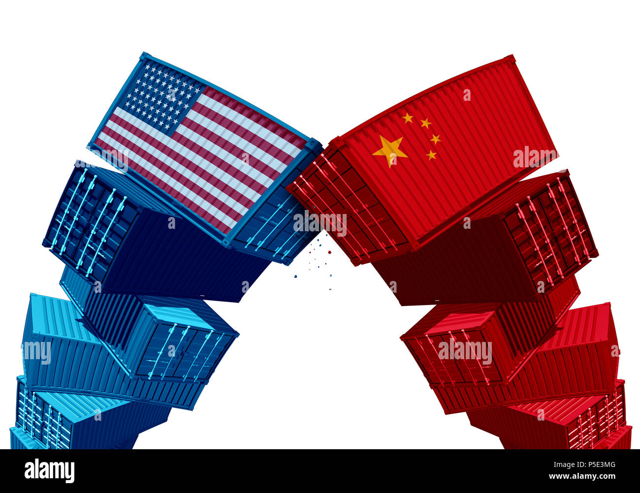 US China tariff dispute trade war and United States or American as two groups of opposing cargo containers as an economic taxation conflict. Stock Photo