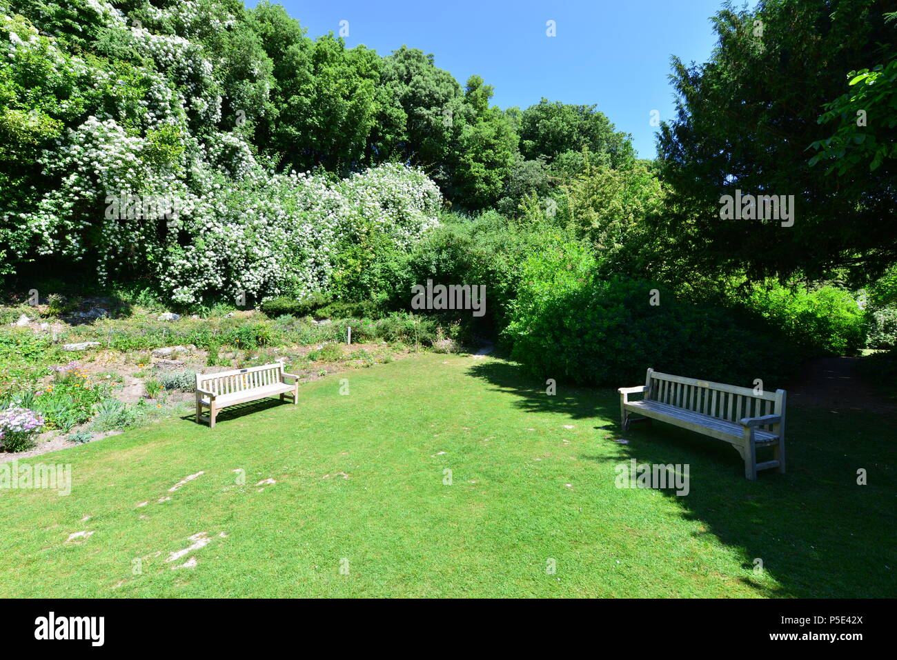 A rest area in an English country garden in summertime. Stock Photo