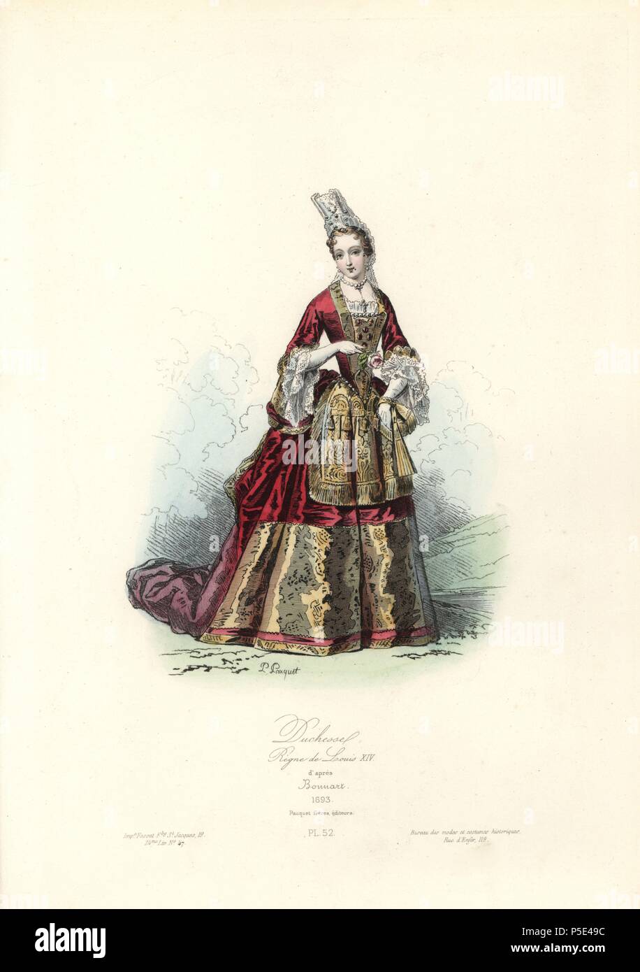 Duchess, reign of Louis XIV, 1693. Handcoloured steel engraving by Polidor Pauquet after Jean-Baptiste Bonnart (1654-1726) from the Pauquet Brothers' 'Modes et Costumes Historiques' (Historical Fashions and Costumes), Paris, 1865. Hippolyte (b. 1797) and Polydor Pauquet (b. 1799) ran a successful publishing house in Paris in the 19th century, specializing in illustrated books on costume, birds, butterflies, anatomy and natural history. Stock Photo