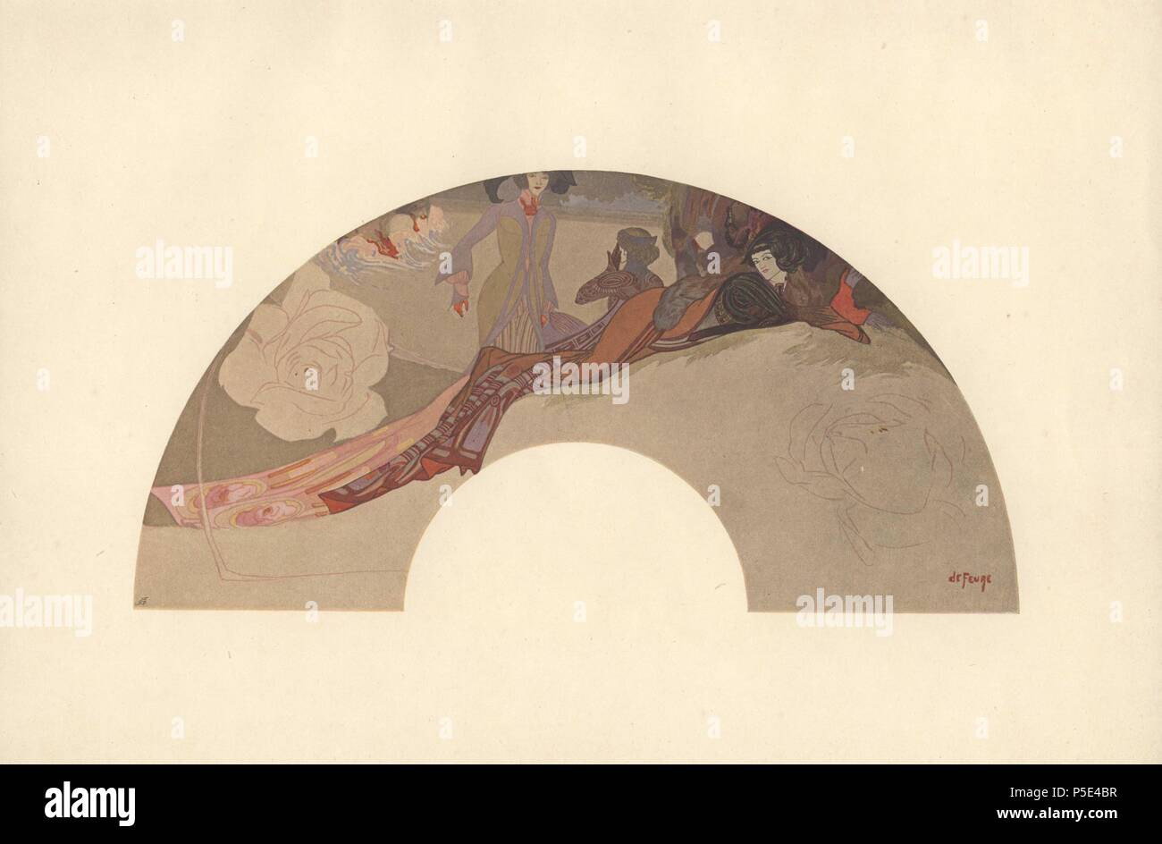 French art nouveau fan design by Georges de Feure (1868-1943), French painter, theatrical designer and industrial art designer.. Color plate from Charles Holme's 'Modern Design in Jewellery and Fans,' published by the Studio 1902. Stock Photo