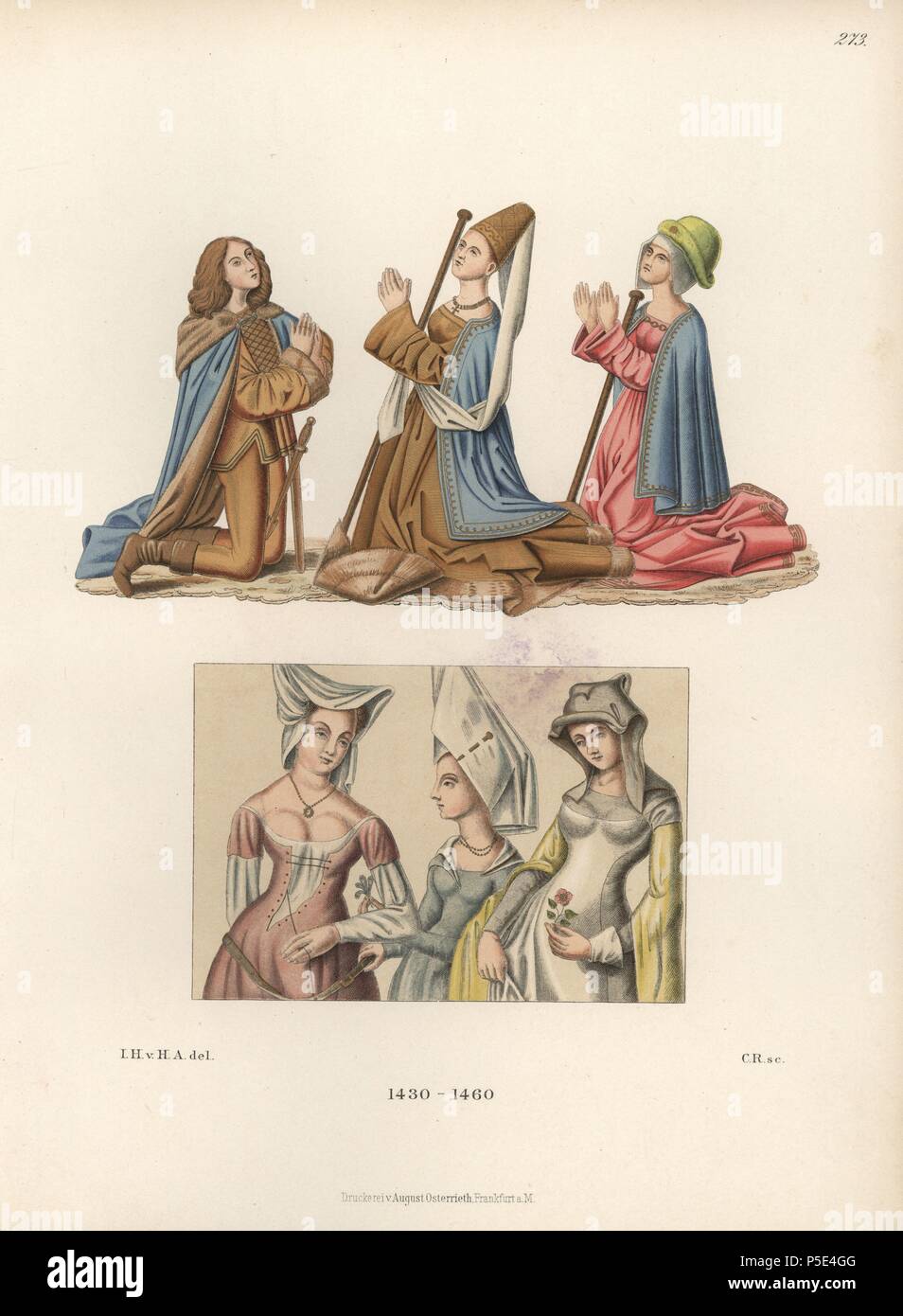Male and female fashion from the mid 15th century. Top: A knight kneeling with two women from a silk embroidery in the Sakristei des Domes, Aachen. Bottom: three women from a sketchbook by a Dutch master in Berlin Library. Chromolithograph from Hefner-Alteneck's 'Costumes, Artworks and Appliances from the early Middle Ages to the end of the 18th Century,' Frankfurt, 1883. IIlustration drawn by Hefner-Alteneck, lithographed by C. Regnier, and published by Heinrich Keller. Dr. Jakob Heinrich von Hefner-Alteneck (1811-1903) was a German archeologist, art historian and illustrator. He was director Stock Photo