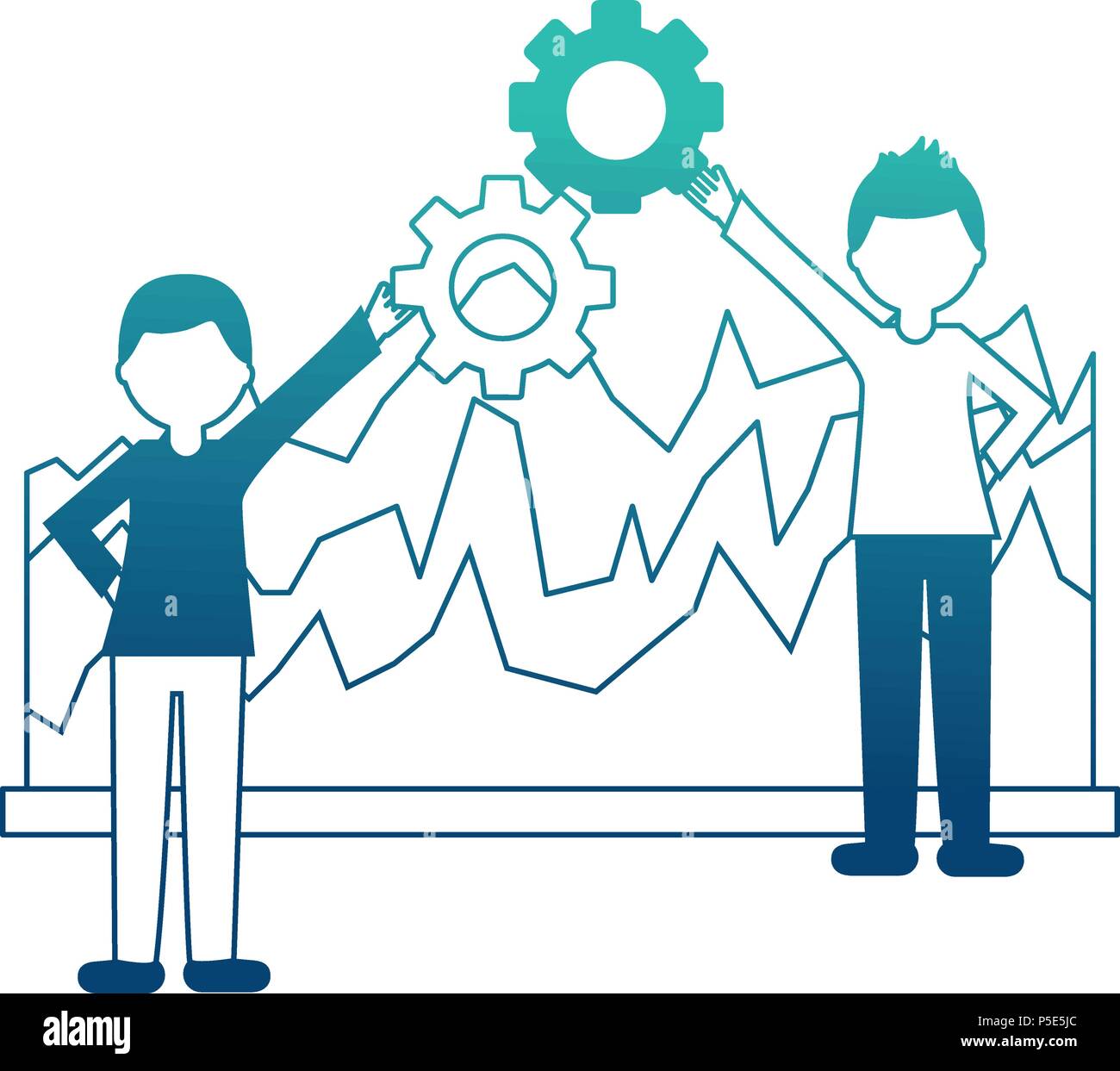 business people holding gear teamwork and statistics diagram vector ...