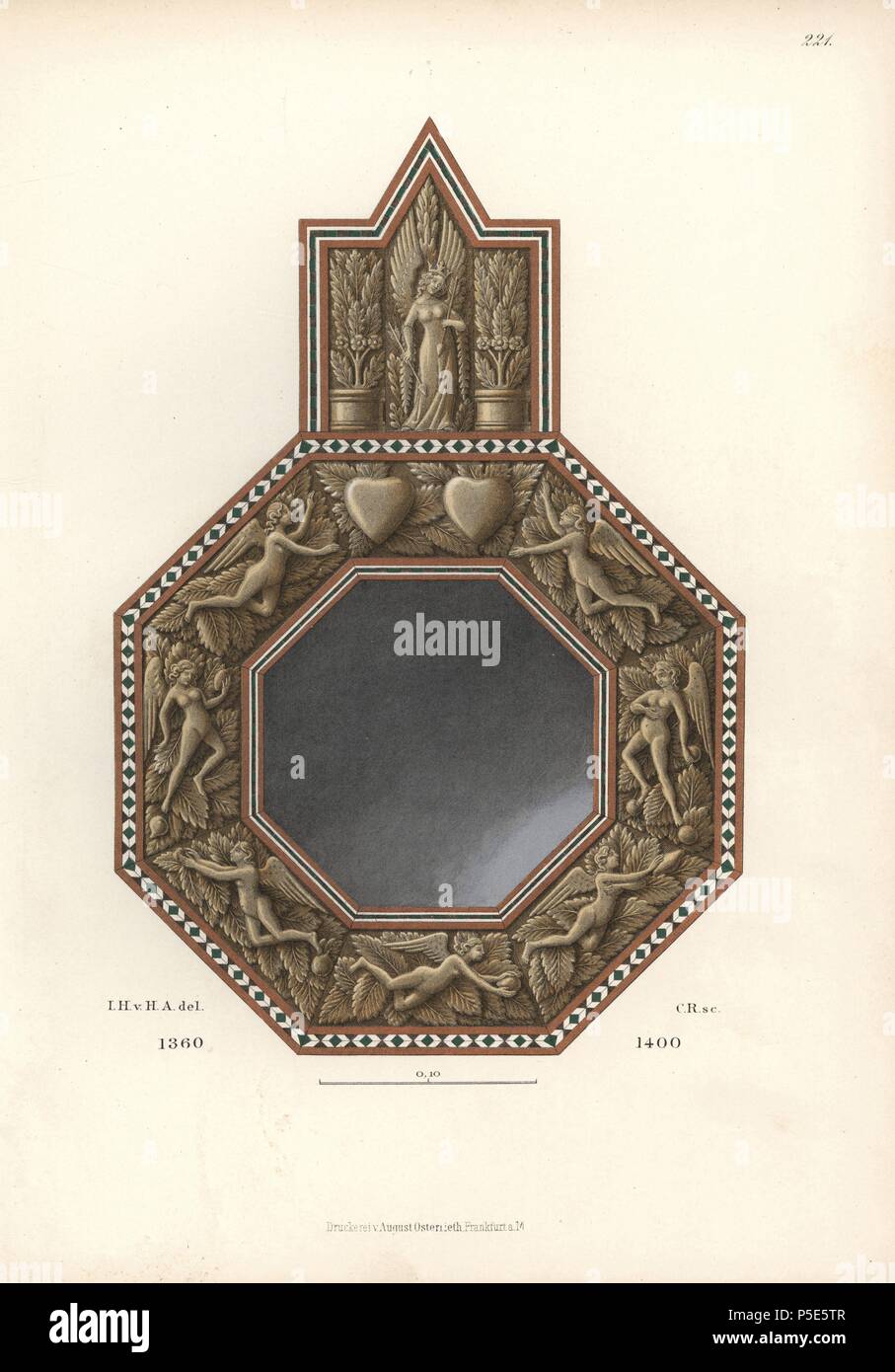 Metal mirror decorated with angels and hearts from the 14th century. Chromolithograph from Hefner-Alteneck's 'Costumes, Artworks and Appliances from the early Middle Ages to the end of the 18th Century,' Frankfurt, 1883. IIlustration drawn by Hefner-Alteneck, lithographed by C. Regnier, and published by Heinrich Keller. Dr. Jakob Heinrich von Hefner-Alteneck (1811-1903) was a German archeologist, art historian and illustrator. He was director of the Bavarian National Museum from 1868 until 1886. Stock Photo