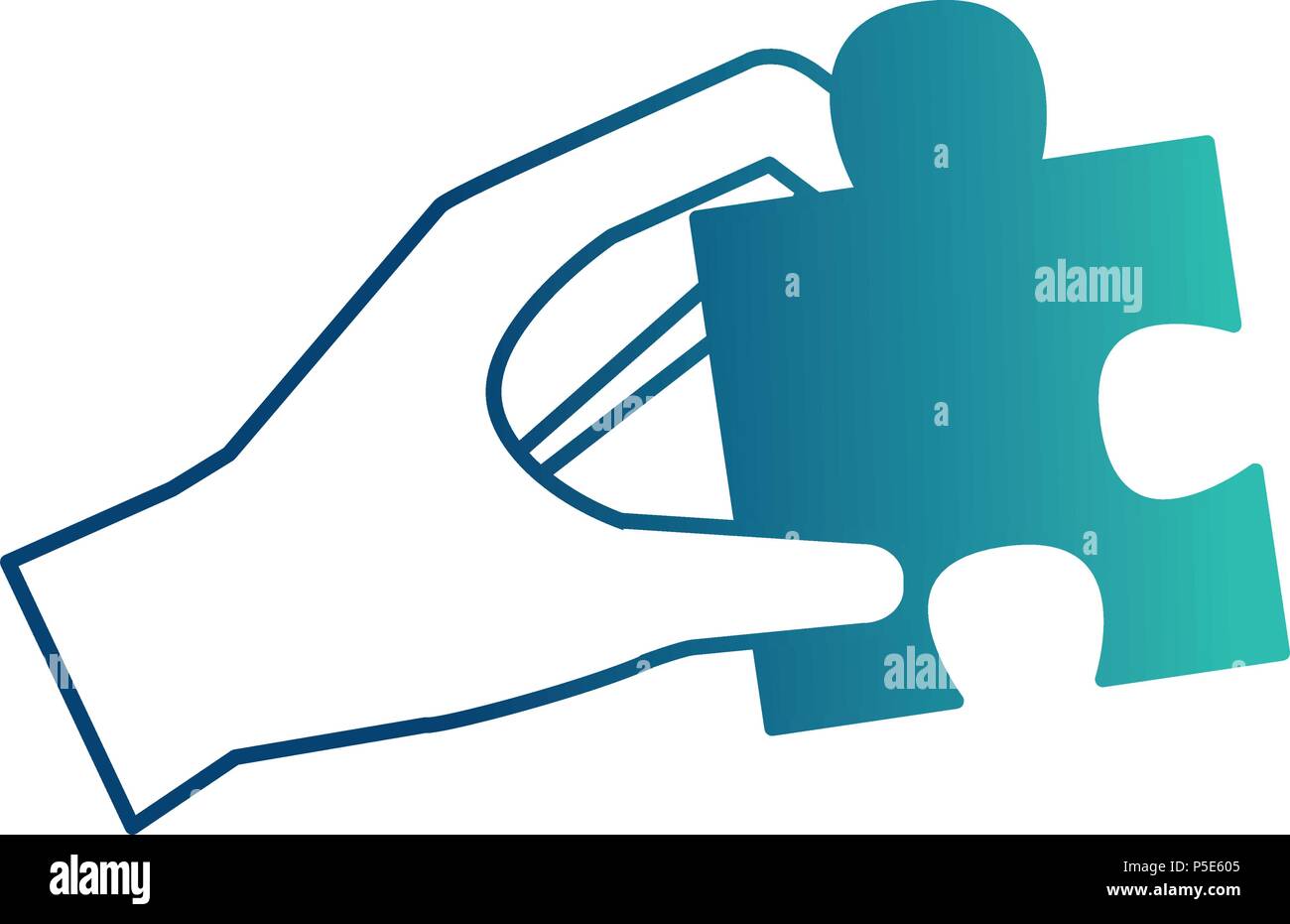 hand holding jigsaw puzzle piece work vector illustration neon design ...