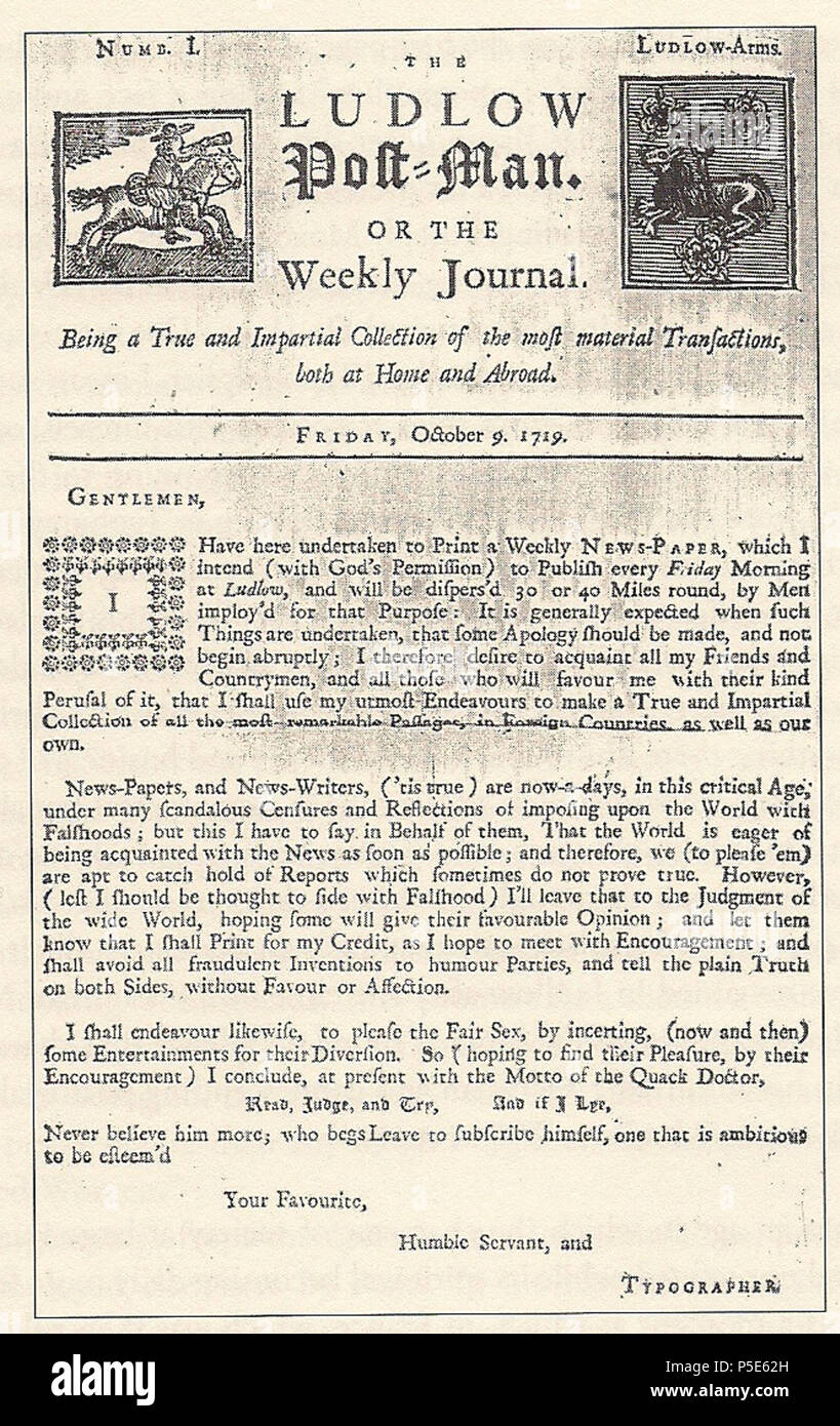 N/A. English First issue of the Ludlow Post-Man British newspaper October 9, 1719 