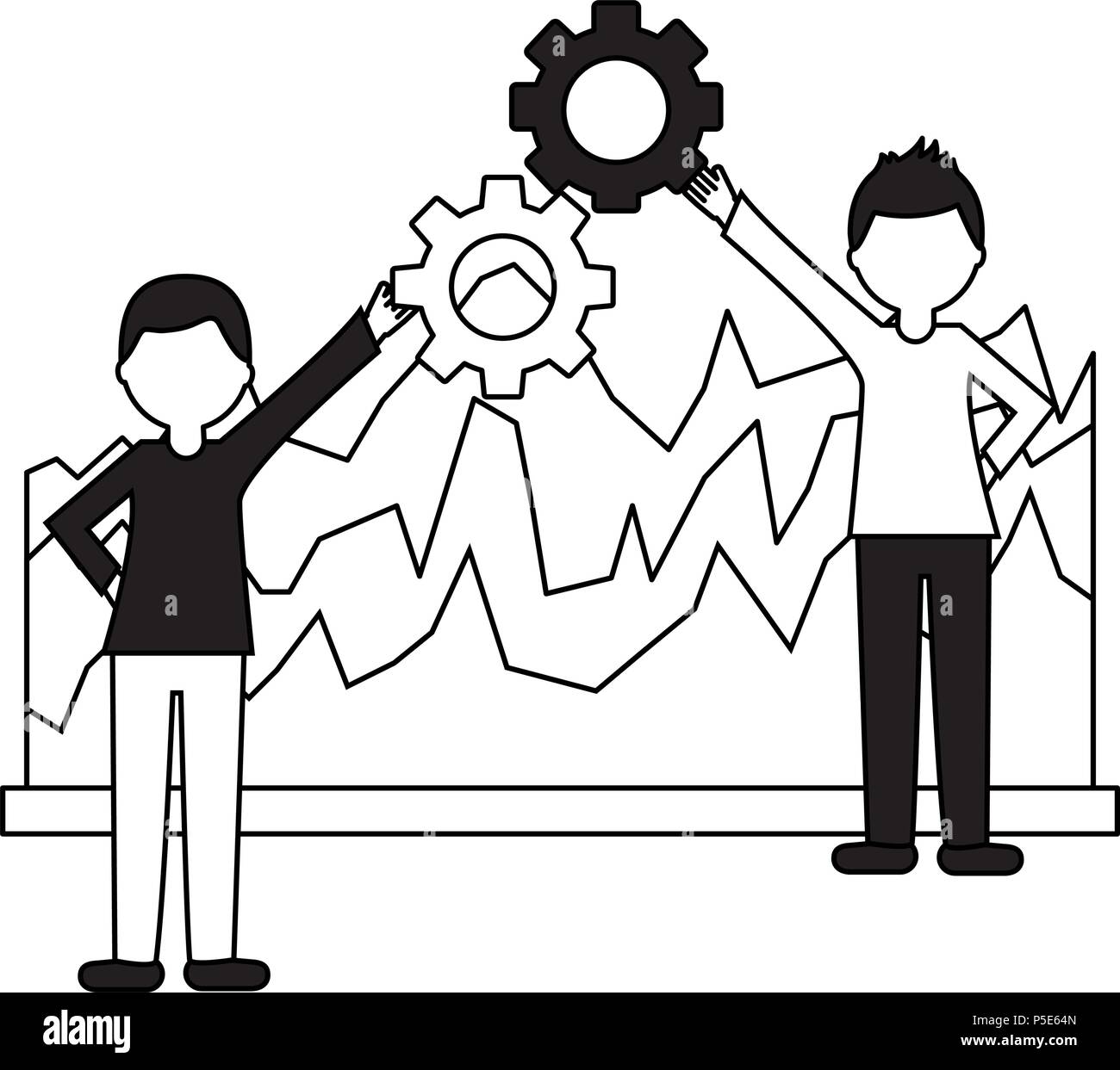 business people holding gear teamwork and statistics diagram vector ...