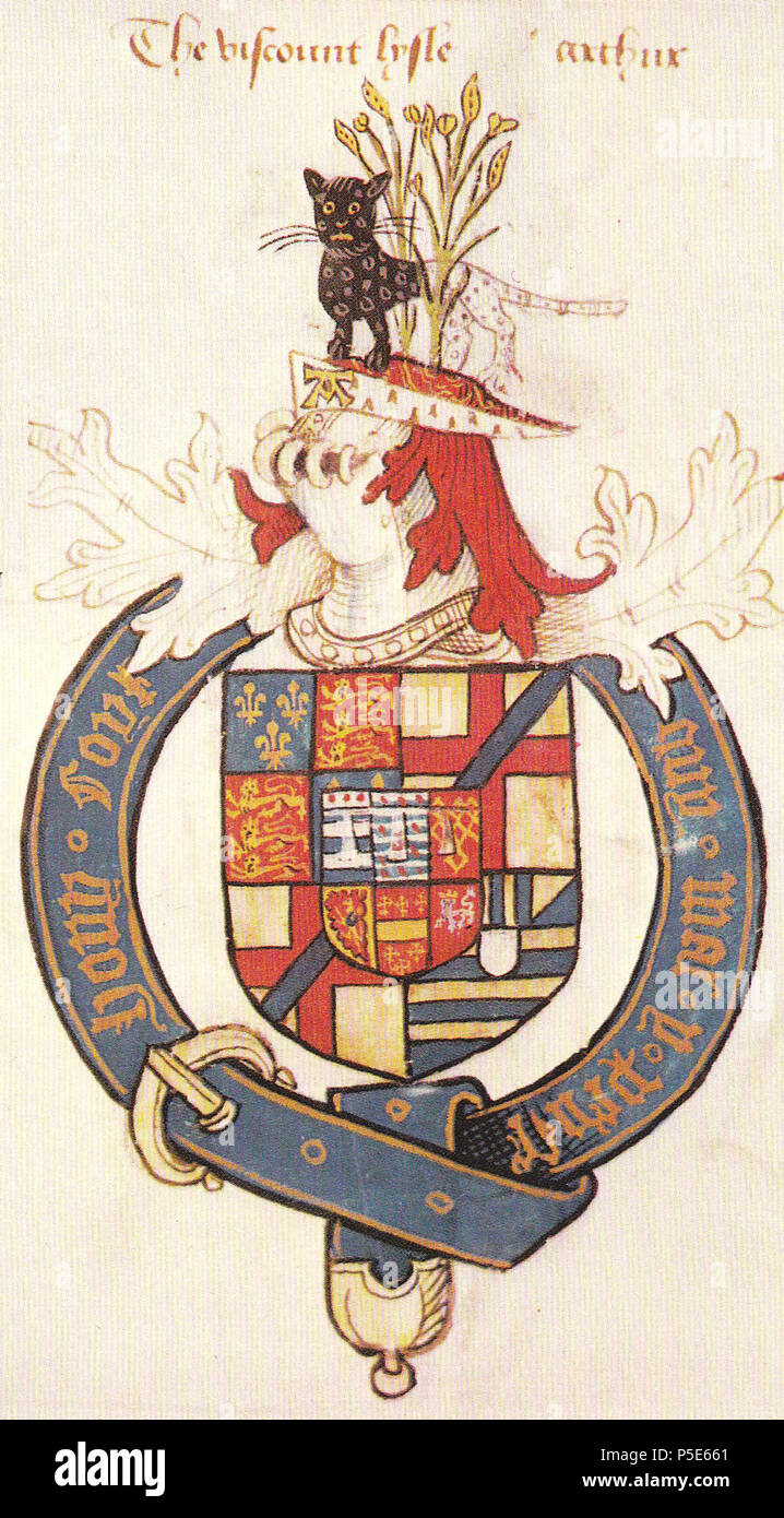 N/A. Arms of Arthur Plantagenet D.1542), Viscount Lisle, KG, from a manuscript in the collection of the Society of Antiquaries, London. The shield shows quarterly of four: 1st: Quarterly France modern and England (royal arms); 2nd & 3rd: de Burgh; 4th: Mortimer; Over-all an inescutcheon of pretence of Grey, Viscounts Lisle, quarterly of six, 1st: Barry of six argent and azure in chief three torteaux (Grey, Viscount Lisle); 2nd: Barry of argent and azure, an orle of martlets gules (Valence, Earl of Pembroke); 3rd: Gules, seven mascles or conjoined 3, 3, 1 (Ferrers of Groby as heir to de Quincy) Stock Photo