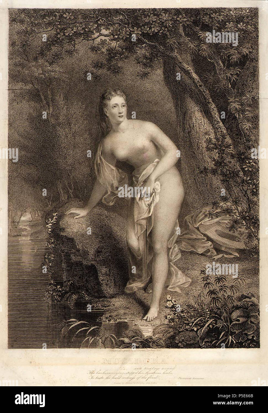 N/A. English: Musidora, engraving 14 1/2 x 10 3/4 in. (36.8 x 27.1 cm) . 1825.   Asher Brown Durand  (1796–1886)     Alternative names Asher B. Durand; Durand; A. B. Durand; Asher Brown] [Durand  Description American painter and printmaker  Date of birth/death 21 August 1796 17 September 1886  Location of birth/death Maplewood Maplewood  Work location New York  Authority control  : Q391608 VIAF:56884646 ISNI:0000 0000 8136 2847 ULAN:500026080 LCCN:n50032524 NLA:35050786 WorldCat 142 AsherDurand-Musidora Stock Photo
