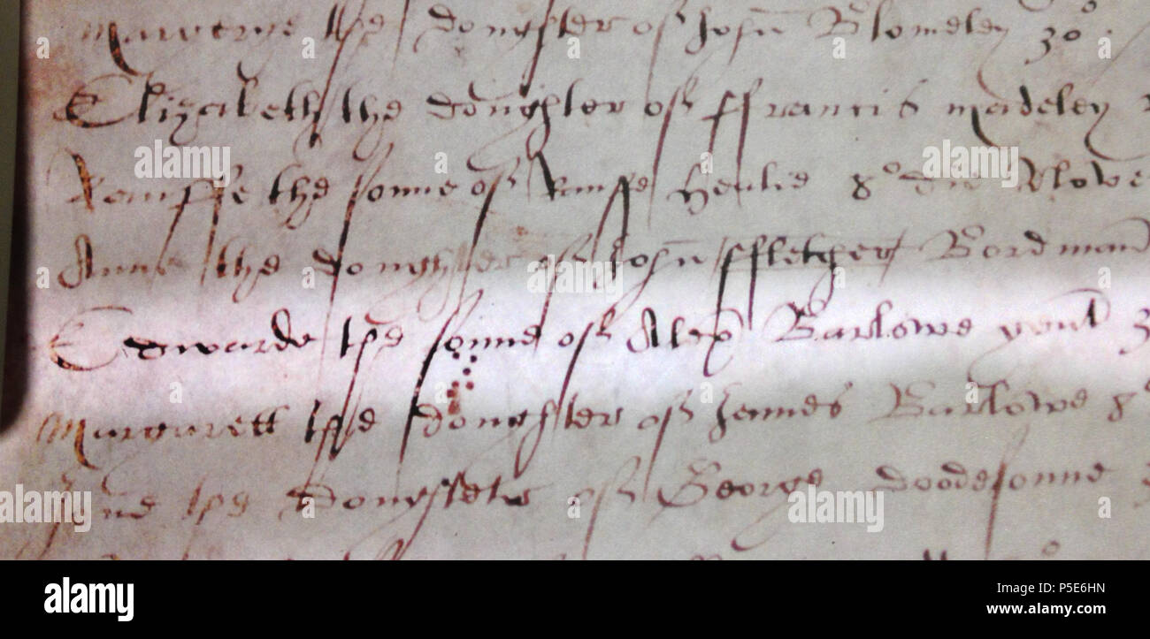 N/A. Baptism record of Saint Ambrose Barlow from Didsbury Chapel. 1536. unknown (Life time: medieval) 169 Baptism record of Ambrose Barlow Stock Photo