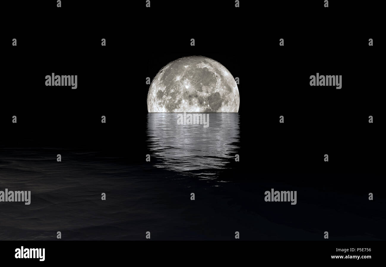 Full Moon Rising Over Calm Sea Stock Photo