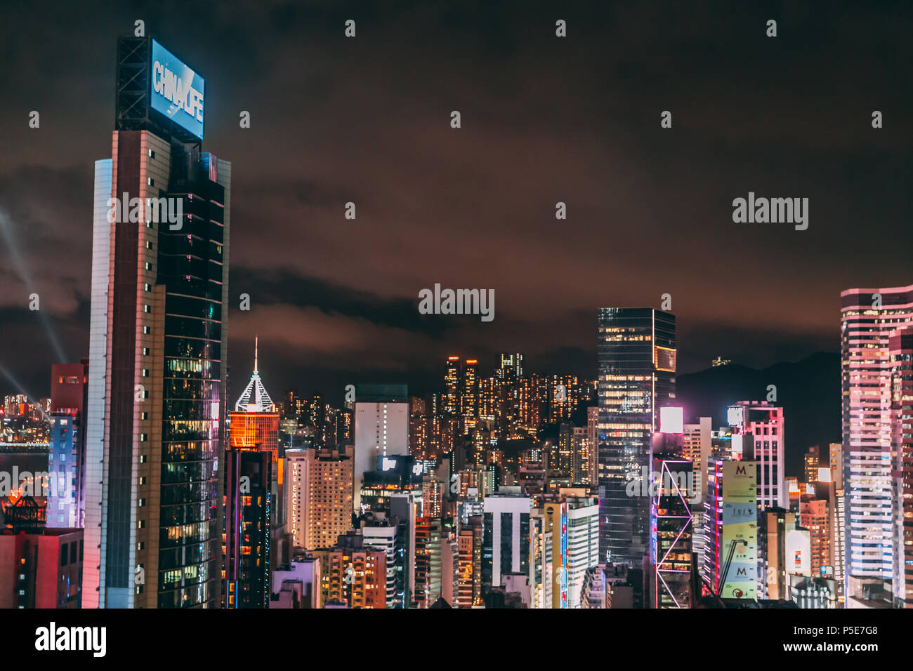 HONG KONG - JUNE 04, 2018: Aerial view of Hong Kong skyline at night