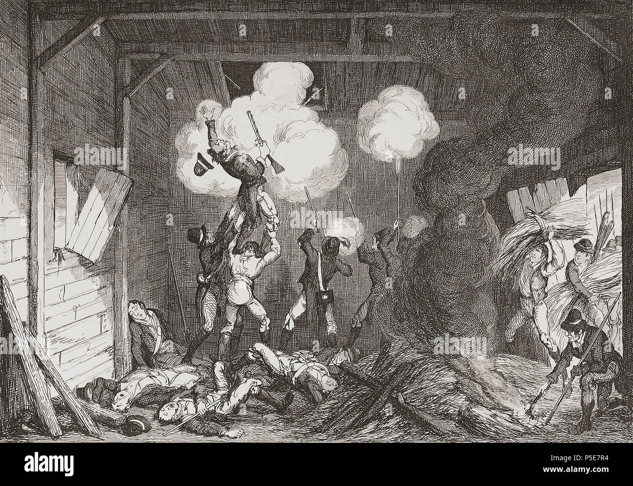 “The Rebels storming The Turret at Lieut. Tyrrel’s”.  Illustration by George Cruikshank.  An incident during the Battle of Clonard, County Meath, July 11, 1798, when Irish rebels set fire to Lieutenant Thomas Tyrrell’s house in an attempt to dislodge the defenders.  From History of the Irish Rebellion in 1798; with Memoirs of the Union, and Emmett’s Insurrection in 1803 by W.H. Maxwell. Published in London 1854. Stock Photo