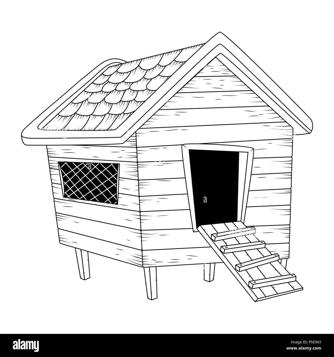 cartoon chicken coop outline isolated on white background Stock Vector