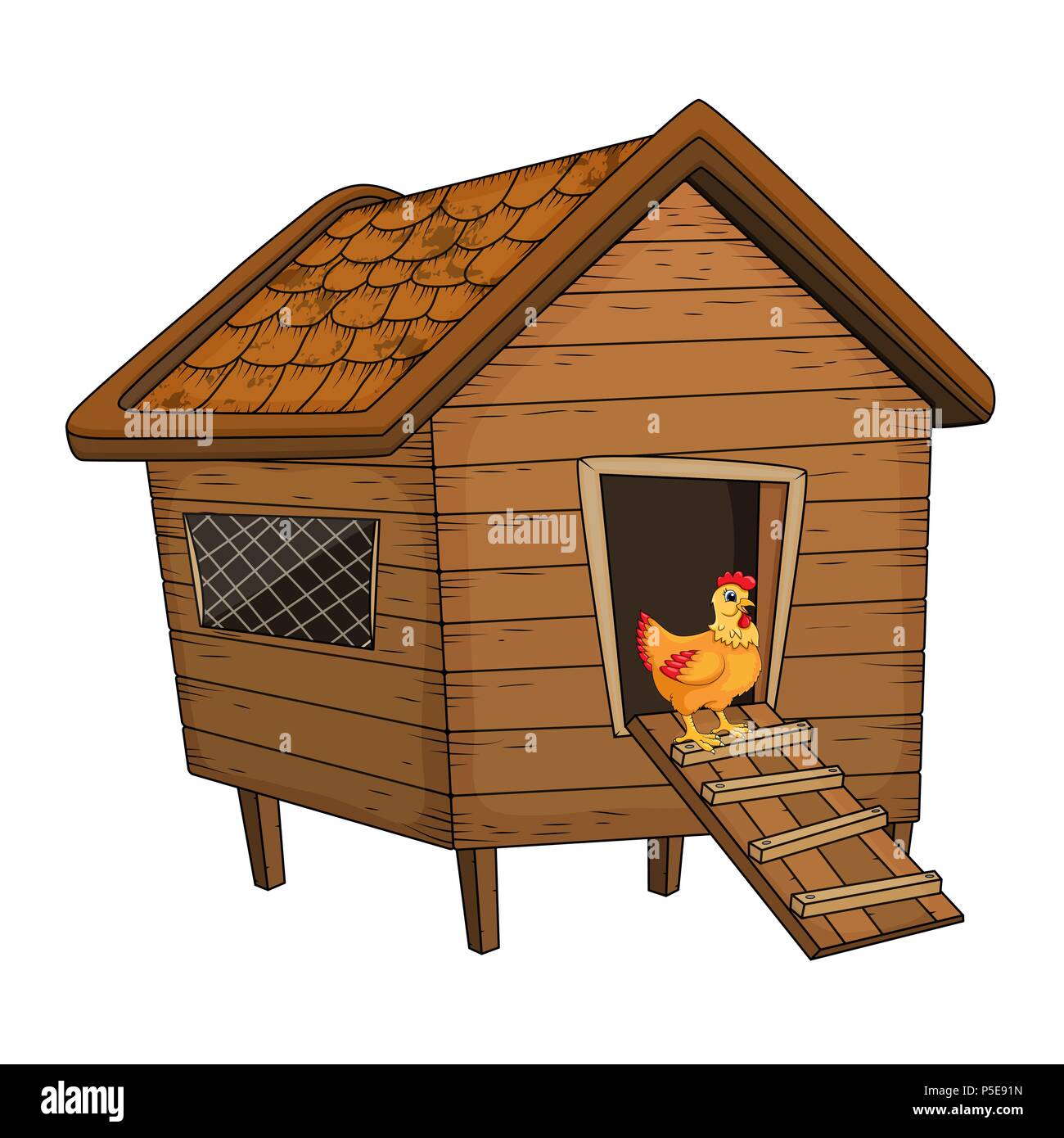 cartoon chicken coop and hen isolated on white background Stock Vector