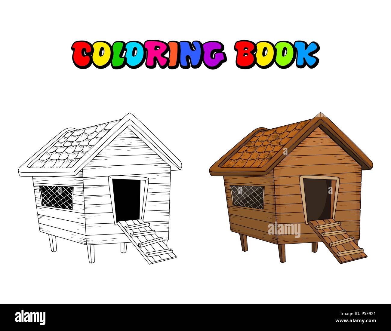 cartoon chicken coop coloring book isolated on white background Stock Vector