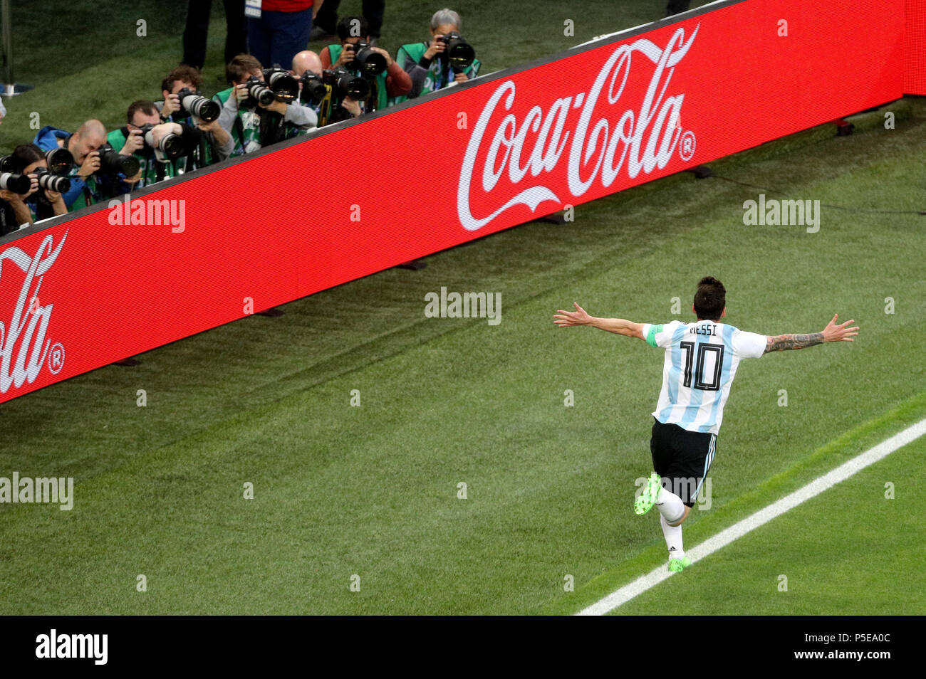 Argentina's Lionel Messi celebrates scoring his side's first goal of the game during the FIFA World Cup Group D match at Saint Petersburg Stadium. Stock Photo