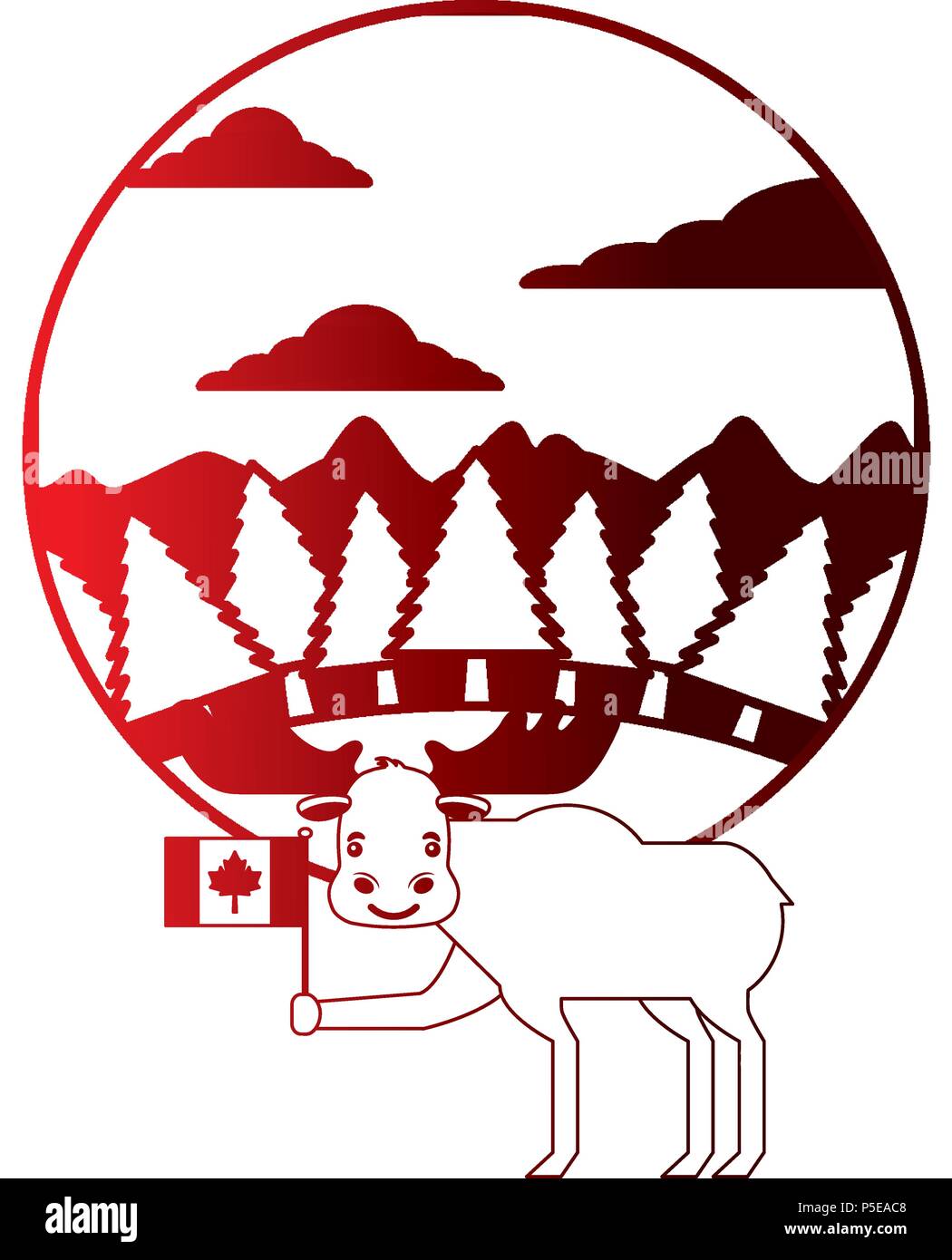 moose holding canadian flag in forest vector illustration neon Stock Vector