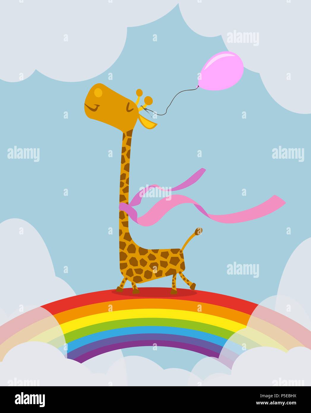 giraffe with pink balloon on rainbow greeting card illustration template Stock Vector