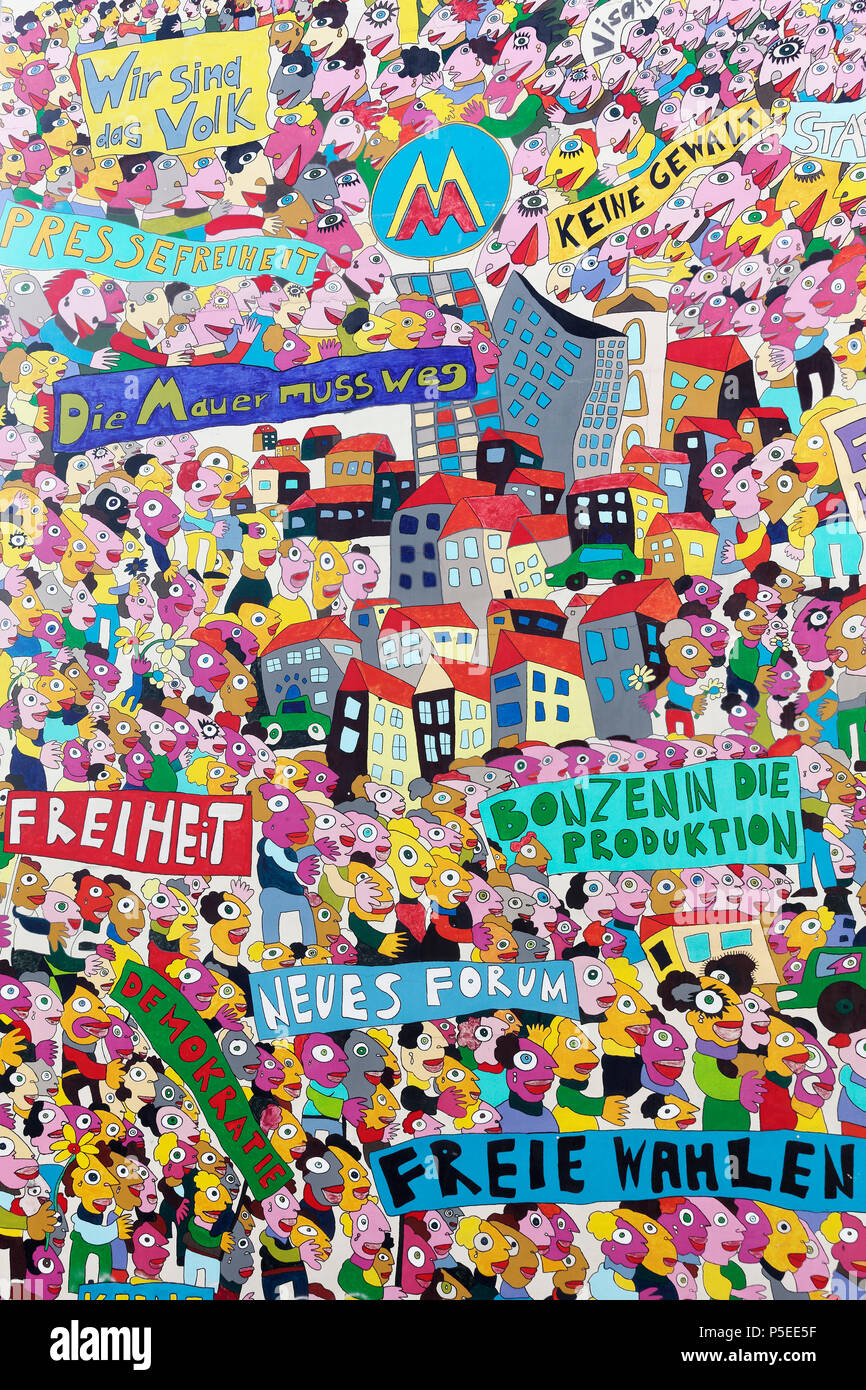 Demonstration for freedom, wall painting on German Unity by Fischer-Art, Brühlarkaden, Leipzig, Saxony, Germany Stock Photo