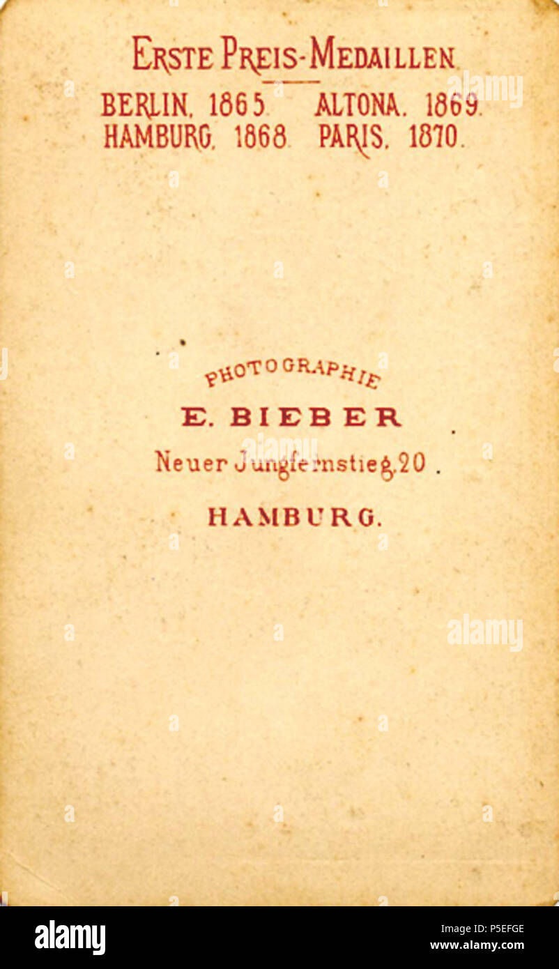 N/A. English: revers CdV E. Bieber about 1872; names of locations/towns of exhibitions and year for donated medals; adress Deutsch: Revers CdV E. Bieber um 1872; Namen der Orte der Ausstellungen und die Jahreszahlen für erworbene Medaillen/Auszeichnungen; Adresse . 25 November 2015. eig. Archiv 199 BieberCdVRevers13 Stock Photo