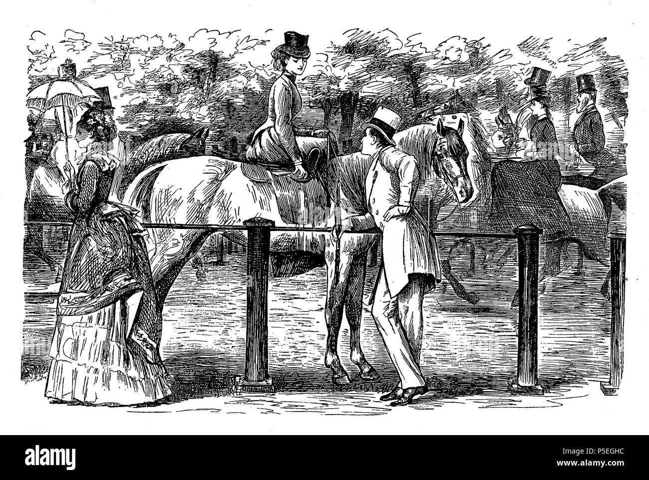 Dating at the race, cartoon depicting a gentleman flirting with a young lady horseback  by George du Maurier (1834-1896) a Franco-British cartoonist for Punch, 1873 Stock Photo