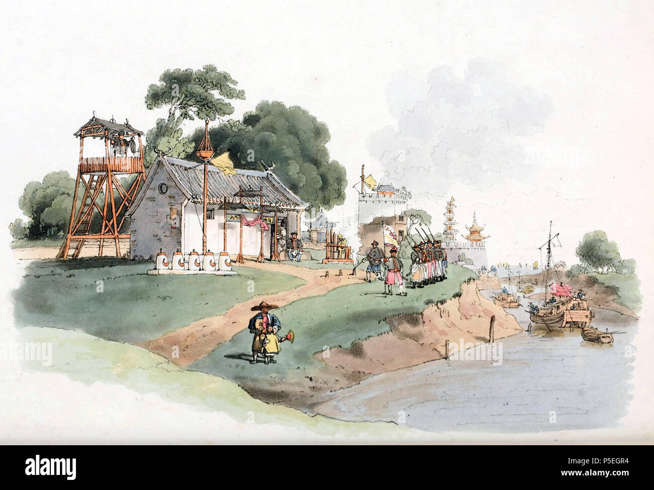 N/A. English: Drawing by William Alexander, draughtsman of the Macartney Embassy to China in 1793. A military station on a levee along the canal. The guard, who are drawn out in a line, salutes the passing by vessel with a double umbrella signifying a mandarin of distinction who is also acknowledged by the firing of three petards. Adjacent to the building stands a look-out tower, commanding an extensive prospect; in front are placed five cones of plastered brick work, out of which certain combustibles are fired in times of alarm. In front of the building, there is a simple triumphal entrance,  Stock Photo