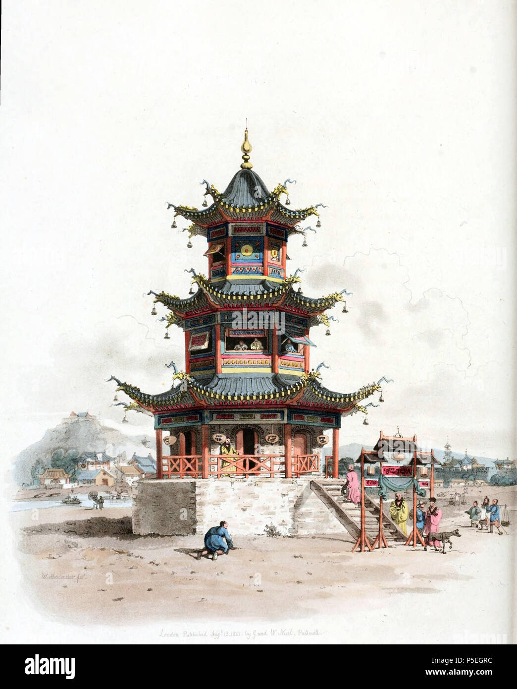 N/A. English: Drawing by William Alexander, draughtsman of the Macartney Embassy to China in 1793. A wooden temple on a stone foundation with a wooden gate at the beginning of its entrance staircase. The figures dressed in loose gowns are priests attending at the temple, and the background is a view of the city Tin-hai, November 21, 1793. Alexander noted that the Chinese were scrupulously observant of moral and religious duties and norms; and their country abounded with temples, of various forms, to which they resorted on every occasion, and offered their sacrifices. Besides the temples, in al Stock Photo