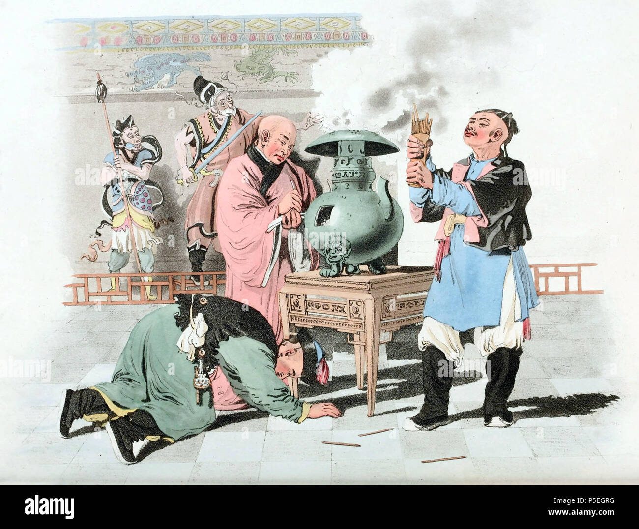 N/A. English: Drawing by William Alexander, draughtsman of the Macartney Embassy to China in 1793. A temple visitor kneeling before the sacred urn, in which perfumed sticks are burning during sacrifice. A priest whose head is entirely shaved wears a loose dress of silk or nankeen, the color of which is characteristic of a particular sect. Against the wall of the temple two statutes are located separated from the worshipers by the low railing. The person on the right is anxiously watching the fall of tallies, which he is shaking in a joint of bamboo; these are marked with certain characters, an Stock Photo