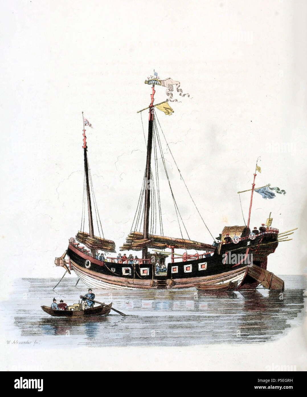 N/A. English: Drawing by William Alexander, draughtsman of the Macartney Embassy to China in 1793. A ship of war Pin-gee-na laying at anchor near Ning-po. The rudder is lifted to preserve it while at anchor. Alexander noted that the artillery ports were false, as few ships of the Chinese navy were equipped at that time with guns, and were used primarily for transporting troops. Image taken from The Costume of China, illustrated in forty-eight coloured engravings, published in London in 1805. circa 1800.   William Alexander  (1767–1816)     Alternative names Mr. Alexander; W. Alexander  Descrip Stock Photo