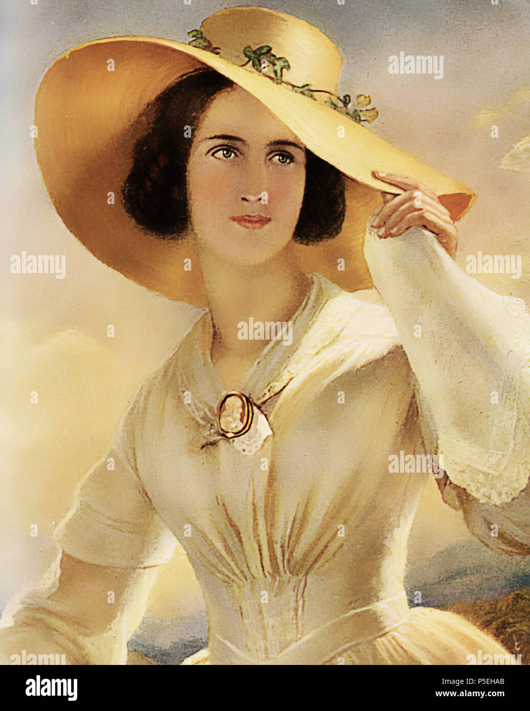 End '800 fashion,young lady with straw hat and fancy dress with laces and  cameo, vintage illustration Stock Photo - Alamy