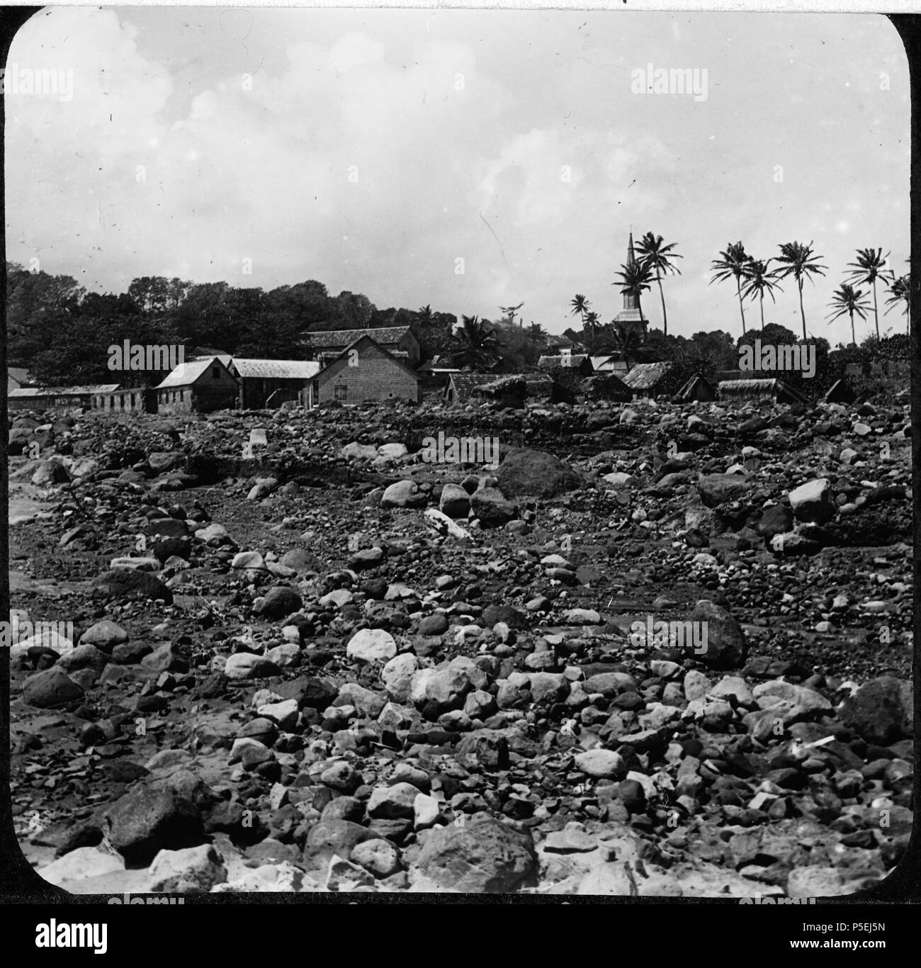Basse Pointe. One slide and one negative. The new delta at Basse Pointe - blocks transported by torrrential rain. 'This delta was formed in a few hours as rains associated with the 1902 eruptions swept down large quantities of large debris. Village in background - wooden houses, some with thatched roofs, and church with spire. Palm trees.. 1907. N/A 175 Basse Pointe YORYM-TA0306 Stock Photo