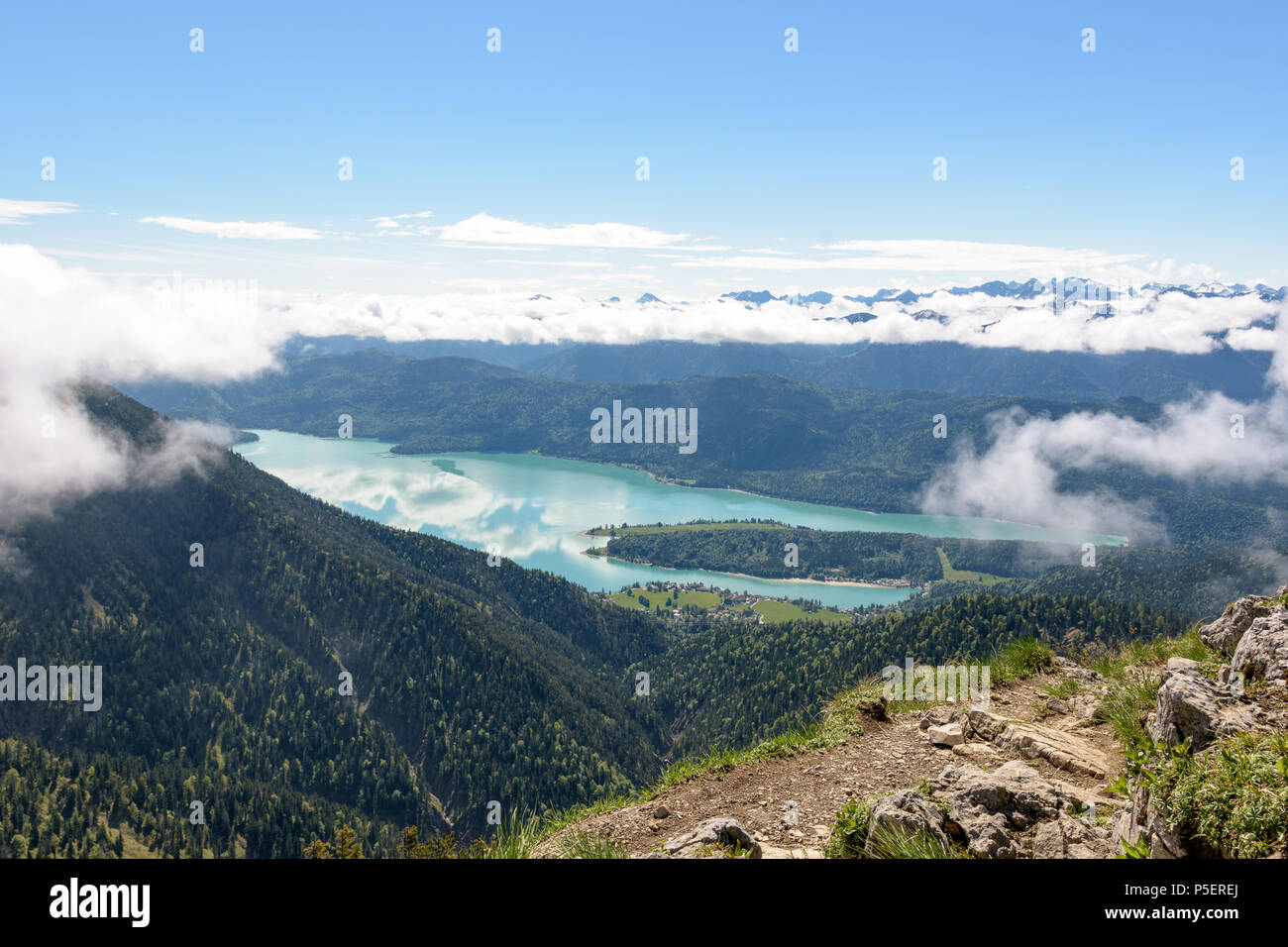 View from Heimgarten on alpine lake Walchensee Stock Photo
