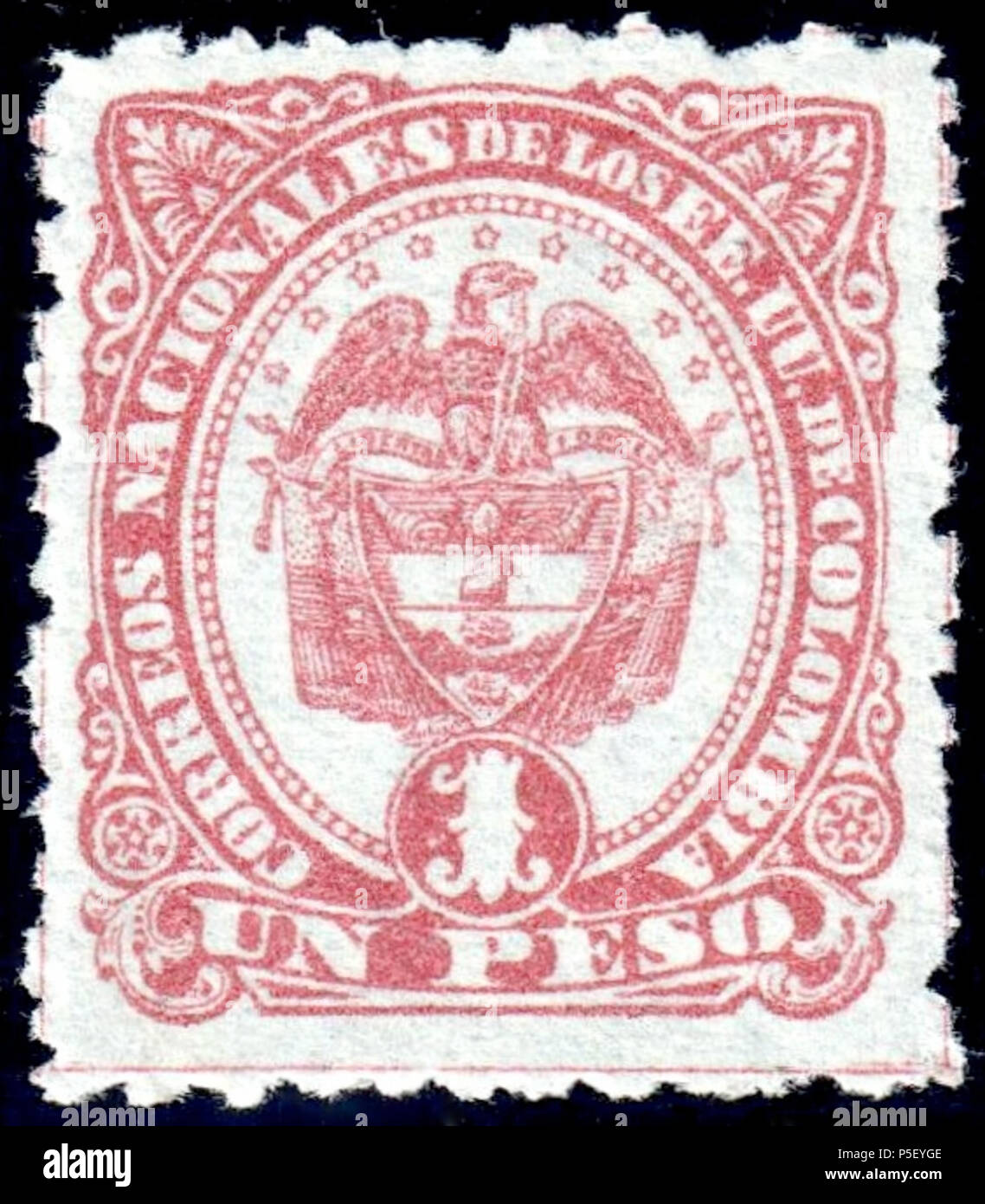 N/A. English: Colombia 1883 1p claret on bluish, unused. Catalogue: Sc. 123, Mi. 84A Paper: Bluish wove unwtmk Perforation: 10.5 to 13.5 Printing: Lithography Printer: D. Paredes Printing Ltd, Bogota . 1883. Colombian government 367 Colombia 1883 Sc123 Stock Photo