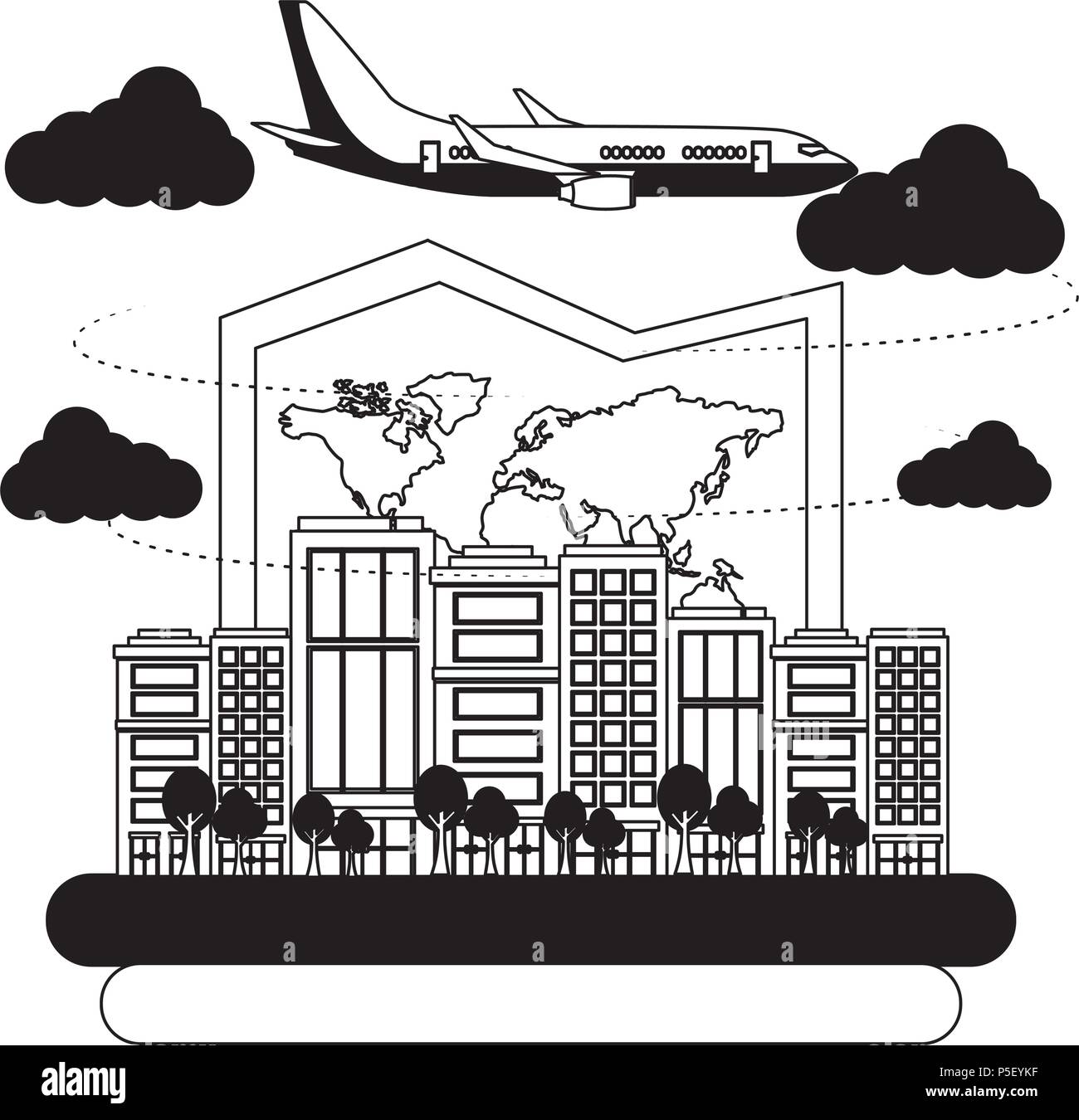 airplane flying with buildings and paper map vector illustration design ...
