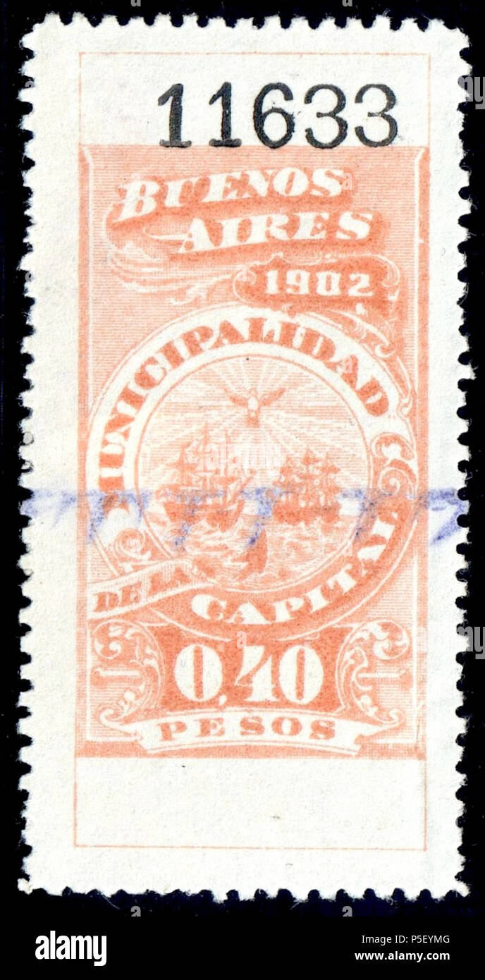 N/A. English: Argentina Buenos Aires municipal trade revenue, 40c pale orange, 1902. Used. Catalogue: Forbin 313 . 1902. Government of Argentina 248 Buenos Aires 1902 Municipal revenue Forbin 313 Stock Photo