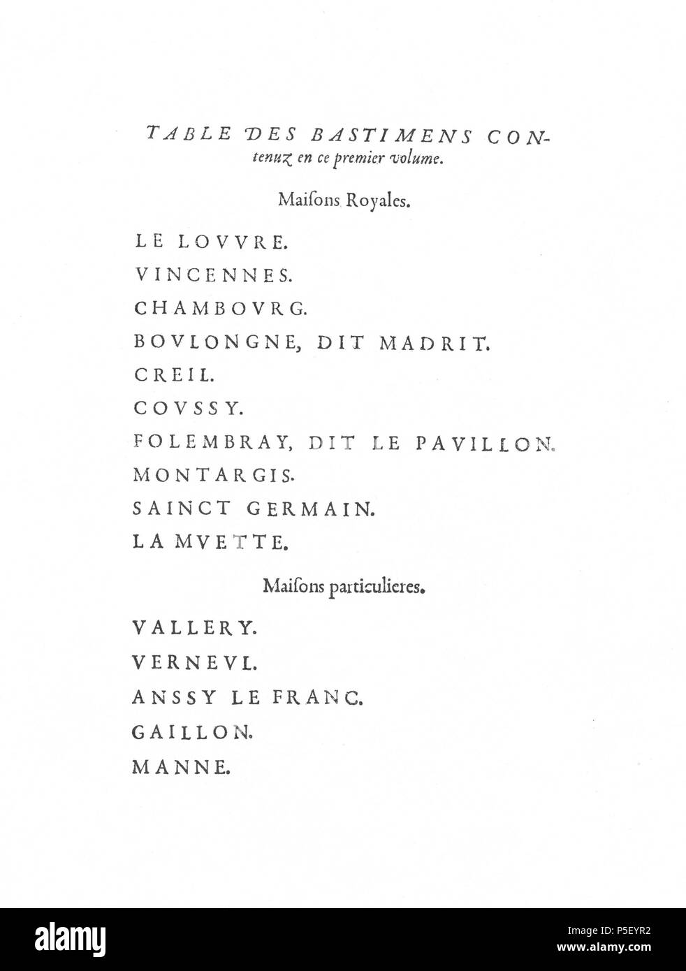 N/A. English: Page of text with the table of contents from Le premier volume des plus excellents Bastiments de France by Jacques I Androuet du Cerceau <--previous page          next page--> . 1576.   Jacques I Androuet du Cerceau  (1510–1585)     Alternative names Jacques Androuet; Jacques Androuet du Cerceau l'Ancien; Jacques Androuet Du Cerceau; Jacques Androuet DuCerceau; Jacques Androuet Ducerceau  Description French architect, copper engraver and draughtsman father of Baptiste Androuet du Cerceau father of Jacques II Androuet du Cerceau  Date of birth/death 1510 or 1512 January 1584  Loca Stock Photo