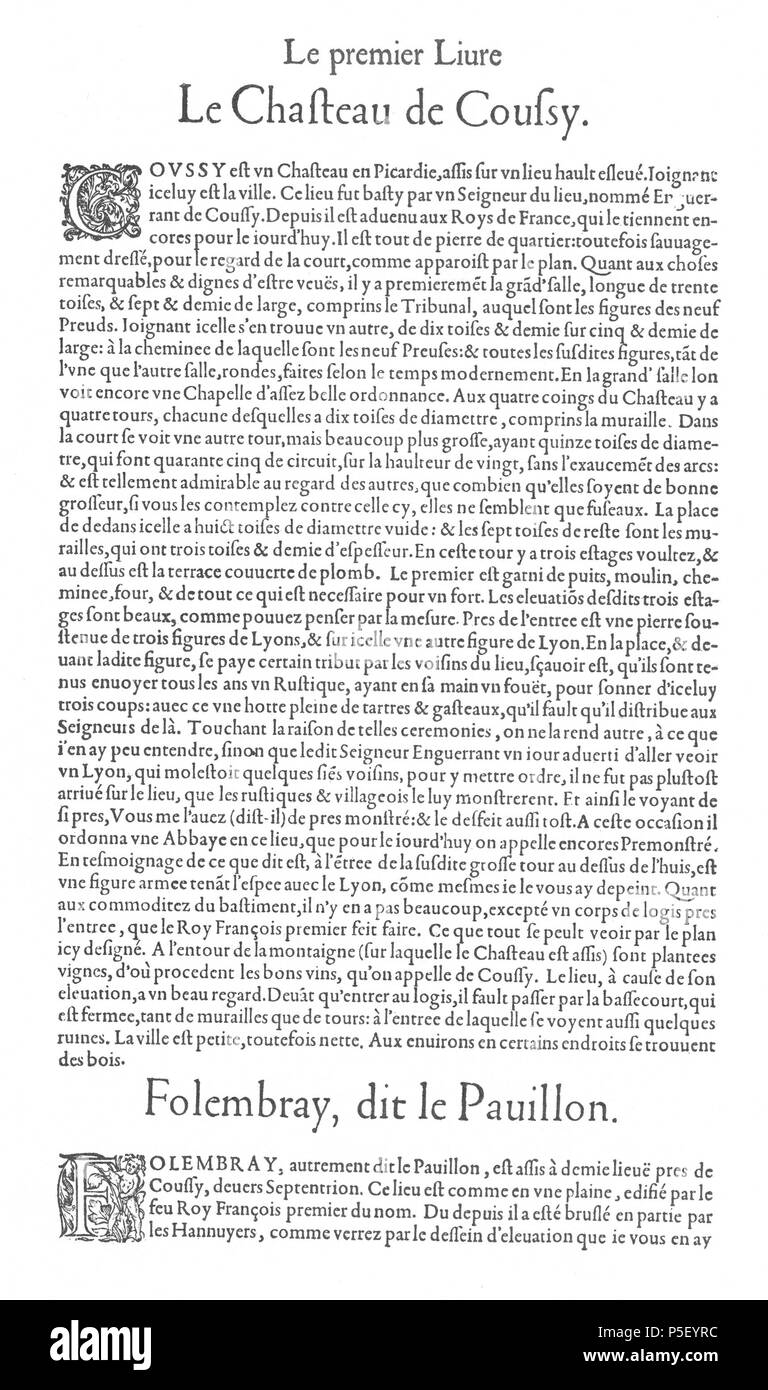 N/A. English: Page of text discussing the Château de Coucy and the Château de Folembray from Le premier volume des plus excellents Bastiments de France by Jacques I Androuet du Cerceau, which includes: Engravings of the Château de Coucy: a drawing of the entrance to the Great Tower and a drawing of lion sculptures a general plan of the château and its grounds a plan of the château itself a drawing of the Fireplace of the Nine Valiants and views of the front and rear facades Engravings of the Château de Folembray: a plan of the chateau and its garden a bird's-eye view of the same  <--previous p Stock Photo