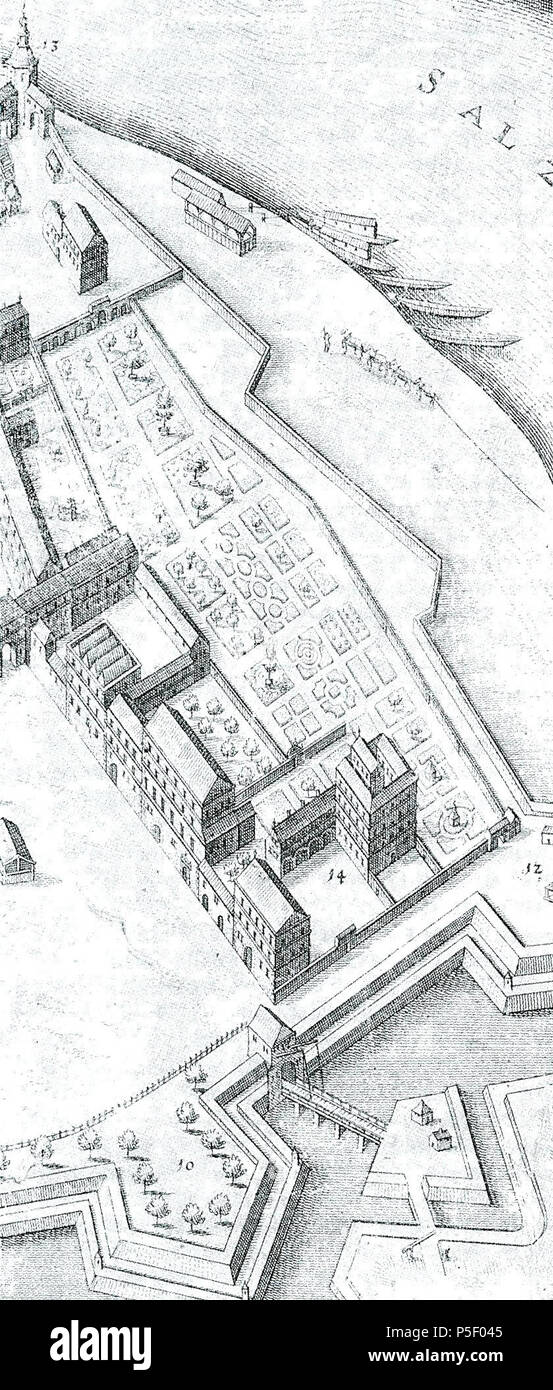 N/A. Deutsch: Salzburg von Norden, Ausschnitte der Karte von Ph. Harpff von 1643 mit Schloss Altenau . 1643. Philipp Harpff 89 Altenau Schloss-neu Stock Photo