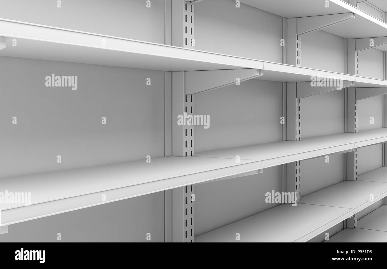 closeup empty white supermarket shelves. 3d illustration Stock Photo