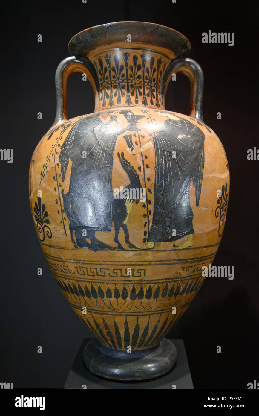 N/A. English Attic blackfigure amphora with Dionysos holding a