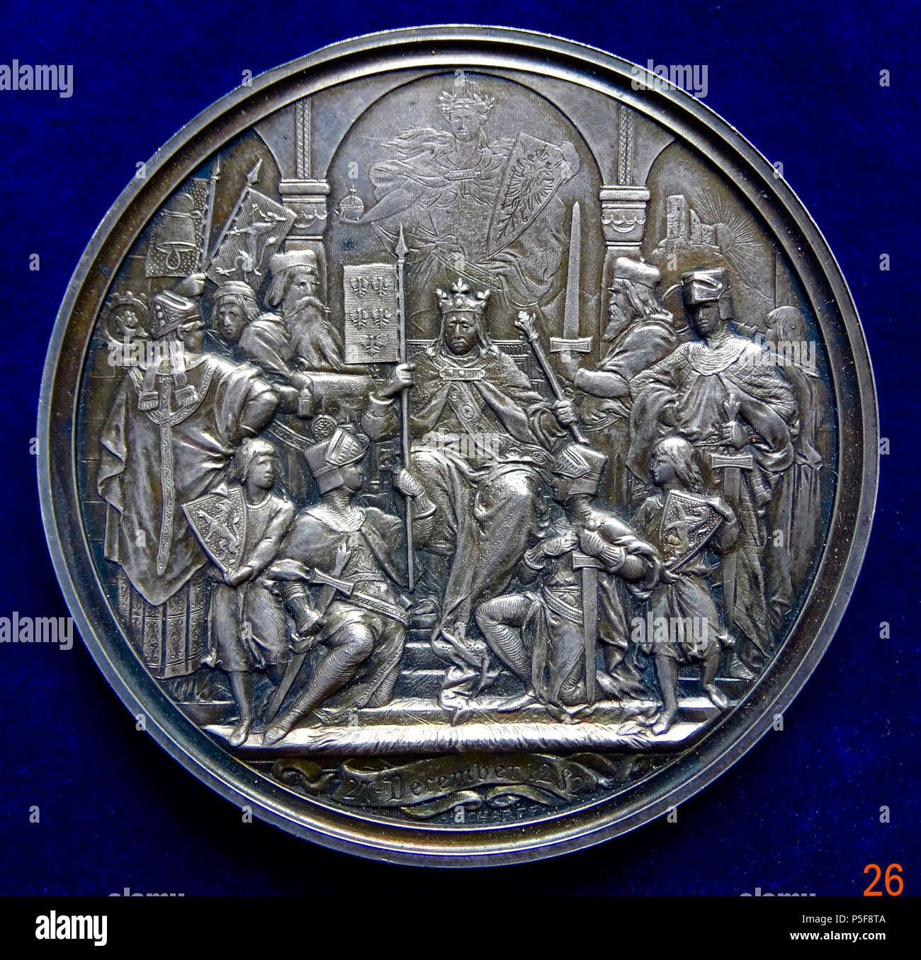 N/A. English: A rare medallion d. = 61 mm. 96.93 g Ag. Rudolf I of Germany, 1273 - 1291 At this Hoftag (imperial diet) Rudolf invested his sons, Albert and Rudolf II, with the duchies of Austria and Styria and so laid the foundation of the House of Habsburg. The King of Germany (King of the Romans) Rudolf I at the Hoftag in Augsburg. On scroll in exergue: '27. December 1282'/ 4 lines: 'SECHS JAHRHUNDERTE MILDER HERRSCHAFT WOBEN EIN HEILIG BAND VM FVERST VND VOLK', surrounding: '* ZVR GEDENKFEIER DER BELEHNVNG HABSBVRGISCHER FVERSTEN MIT DEM STAMMLANDE OESTERREICH 27. DECEMBER 1882 *'. Hallmark Stock Photo