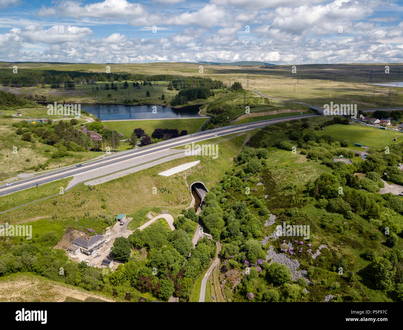 Aerial view of the newly constructed A465 Heads of the Valley road near Ebbw Vale and Brynmawr