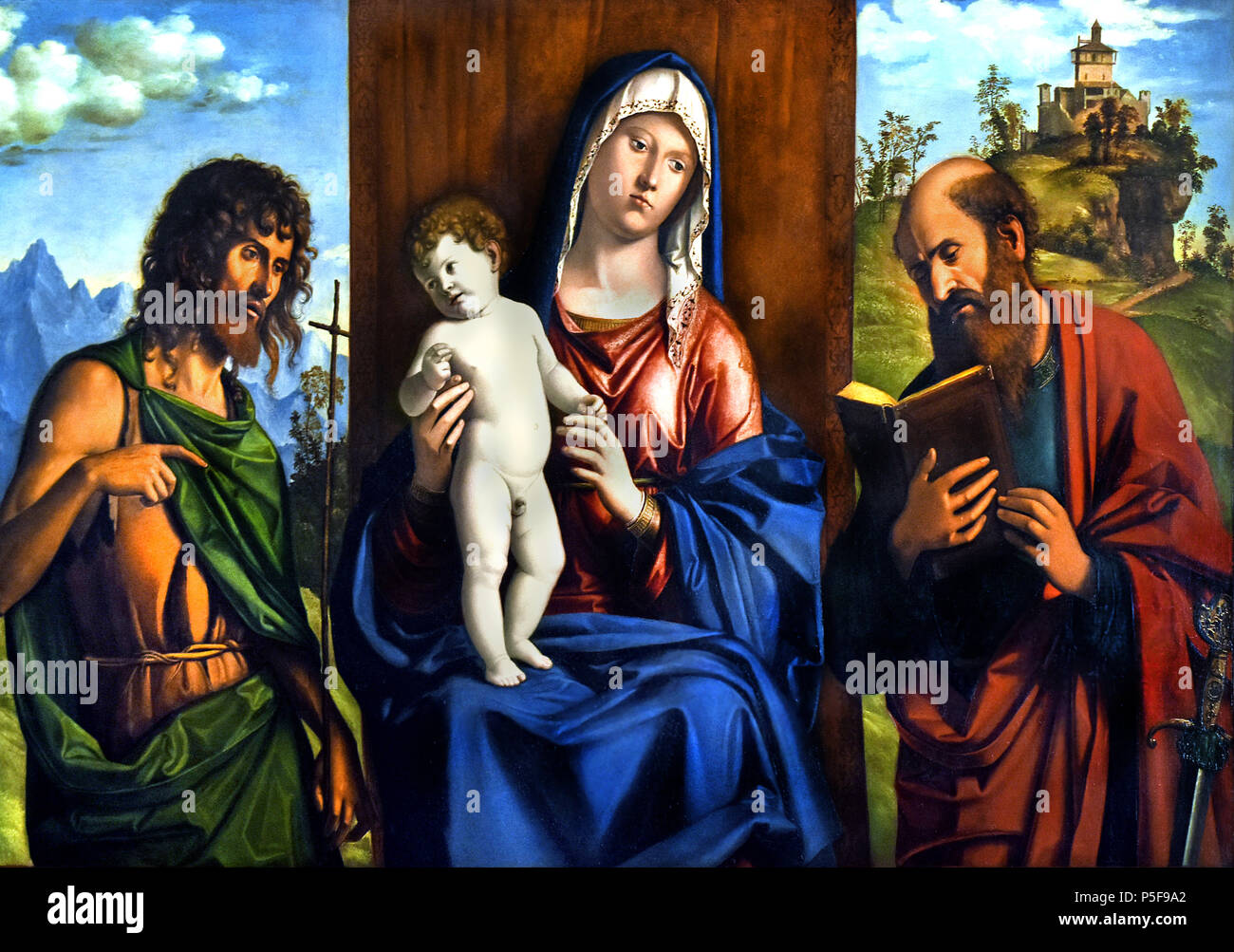 Madonna and Child between St. John the Baptist and a saint by  Giovanni Bellini ( Venice 1434/1439 - 1516 ) Italy, Italian, Stock Photo