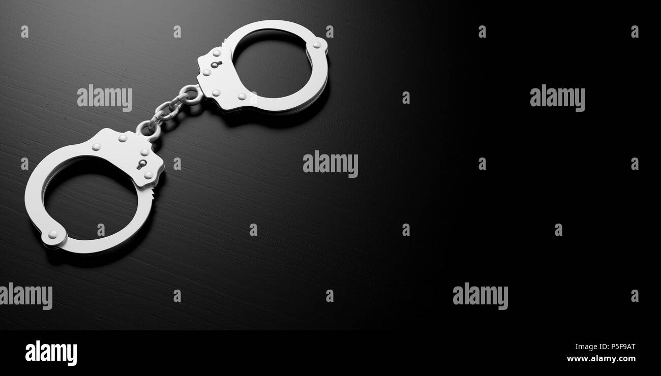 Metal police handcuffs isolated on black background, copy space, 3d illustration Stock Photo