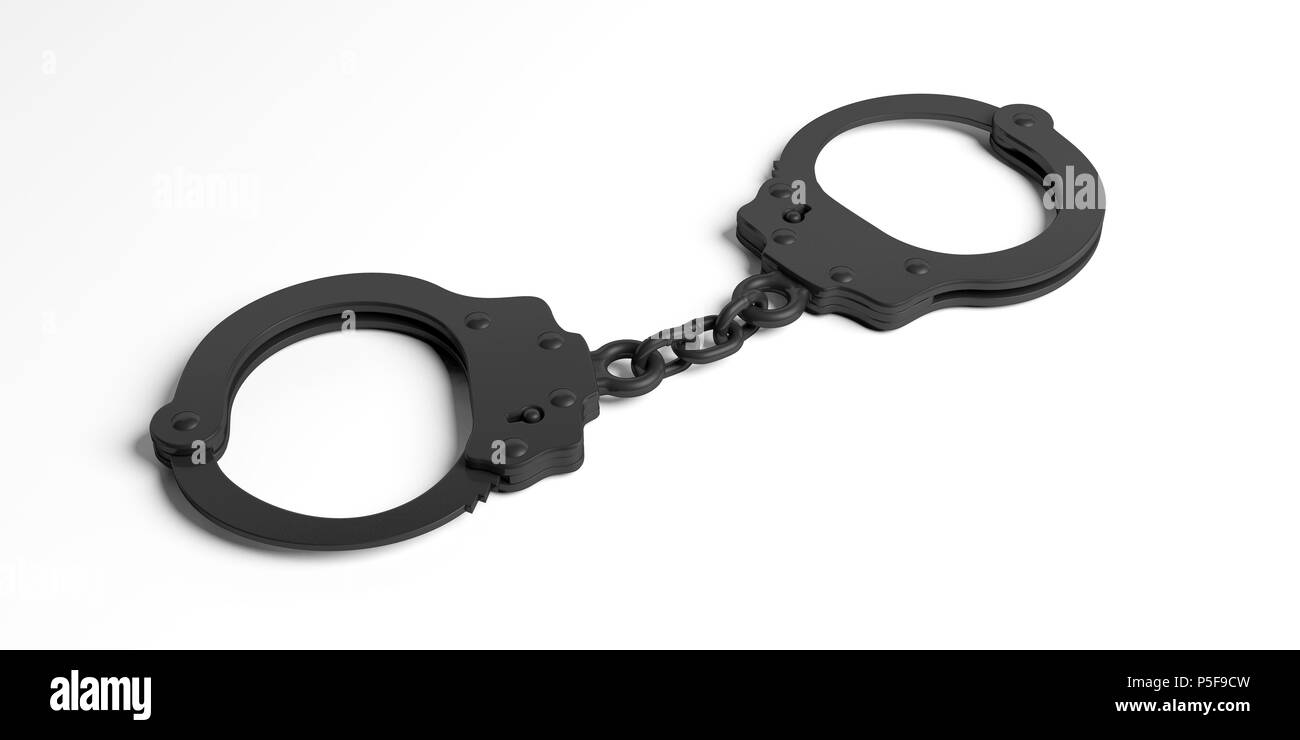 Black metal police handcuffs isolated on white background, 3d illustration Stock Photo