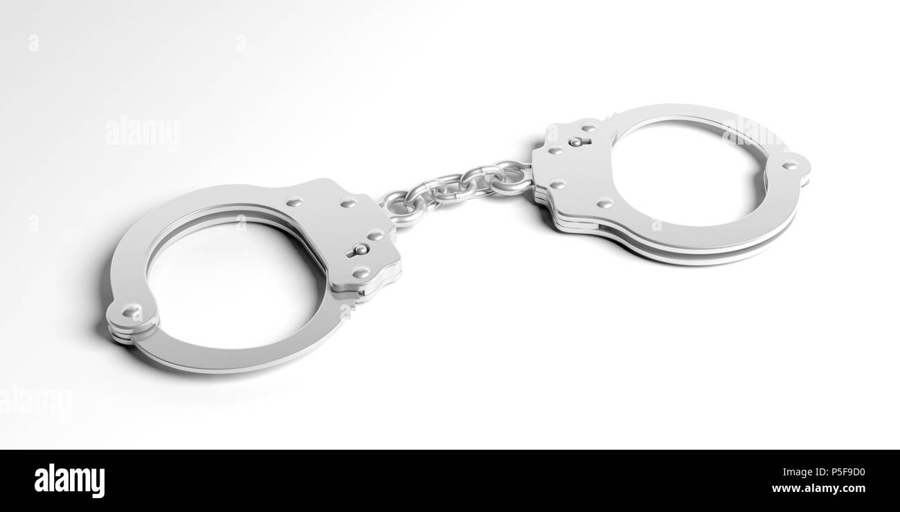 Metal police handcuffs isolated on white background, 3d illustration Stock Photo