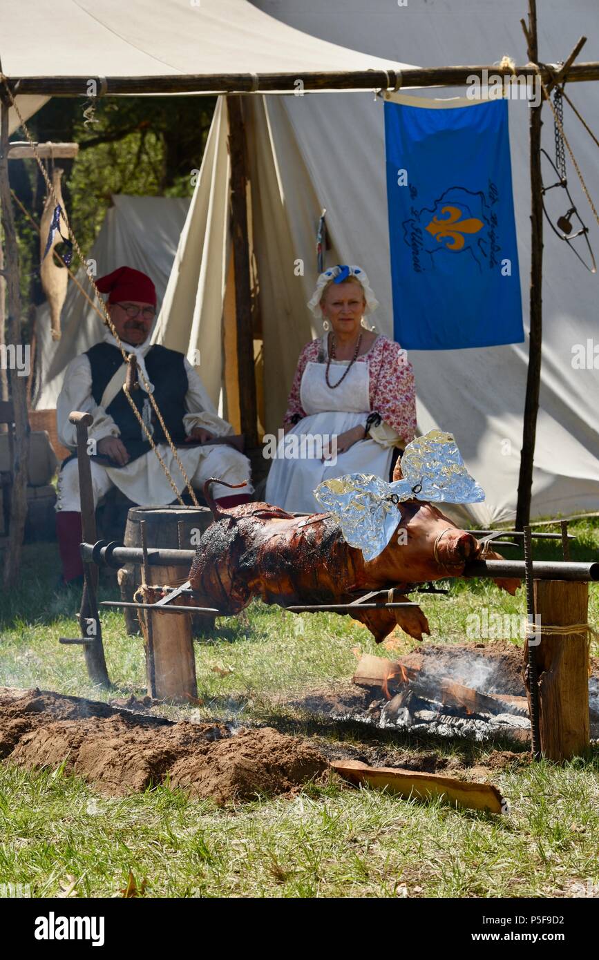 Costumed re-enactors ouside tent, slow roast a whole pig outdoors over a campfire at Bloody Lake Rendezvous, Woodford, WI, USA Stock Photo