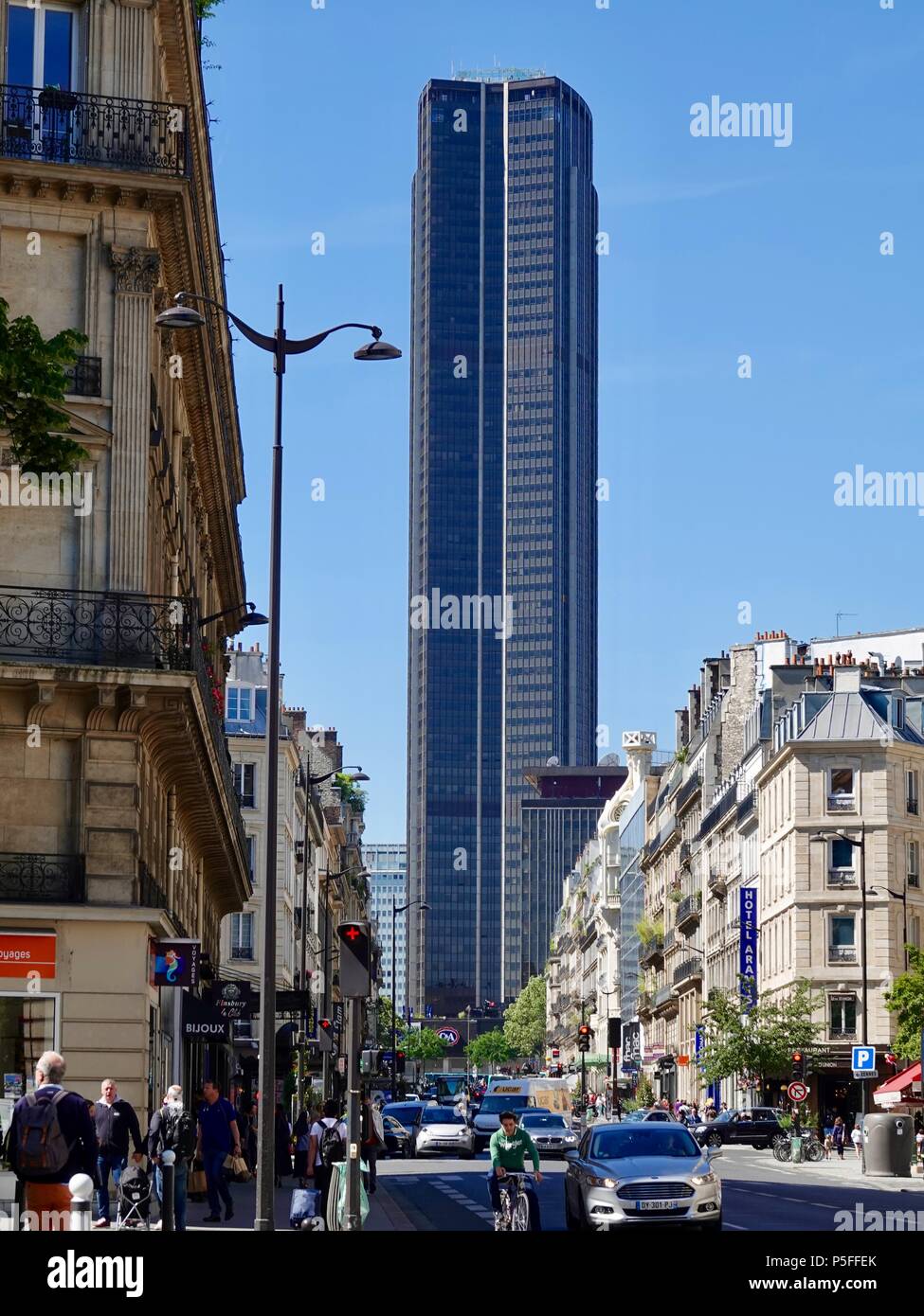 Looking down rue de Rennes towards Montparnasse Tower, Paris, France Stock Photo