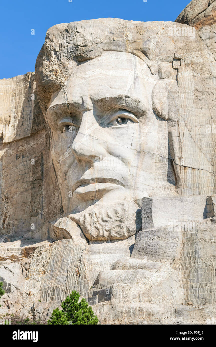 Closeup of Abraham Lincoln. Presidential sculpture at Mount Rushmore