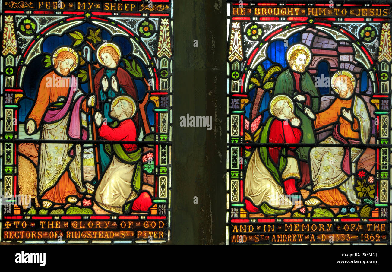Preedy stained glass,  1862, dedication to St. Peter and St. Andrew, biblical scenes, Ringstead, Norfolk Stock Photo